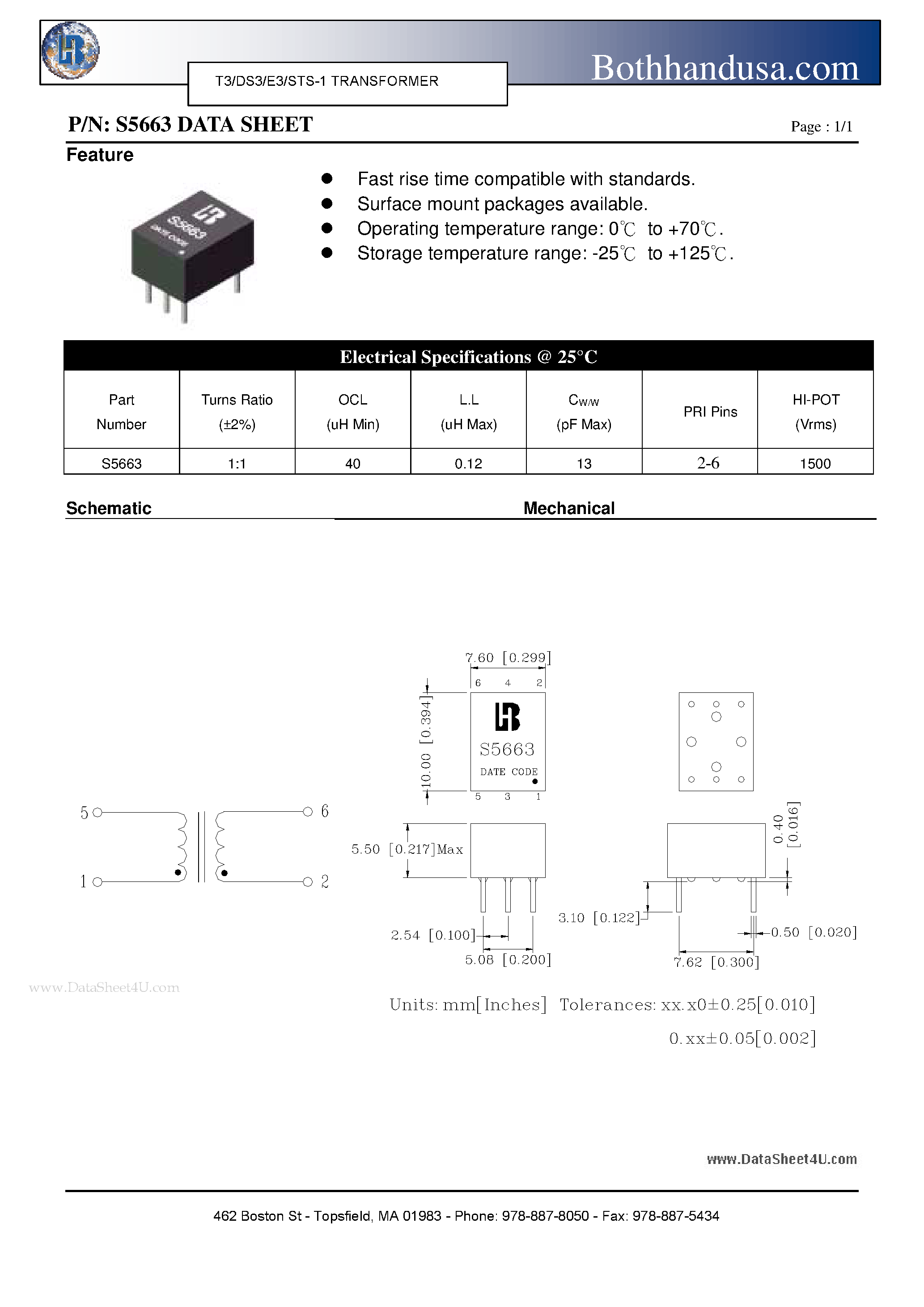 Datasheet S5663 - T3/DS3/E3/STS-1 TRANSFORMER page 1
