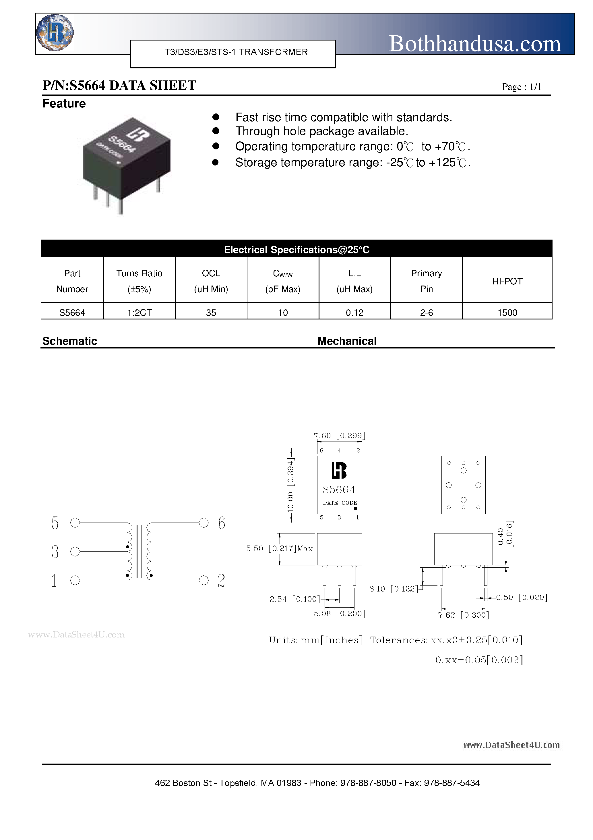 Datasheet S5664 - T3/DS3/E3/STS-1 TRANSFORMER page 1