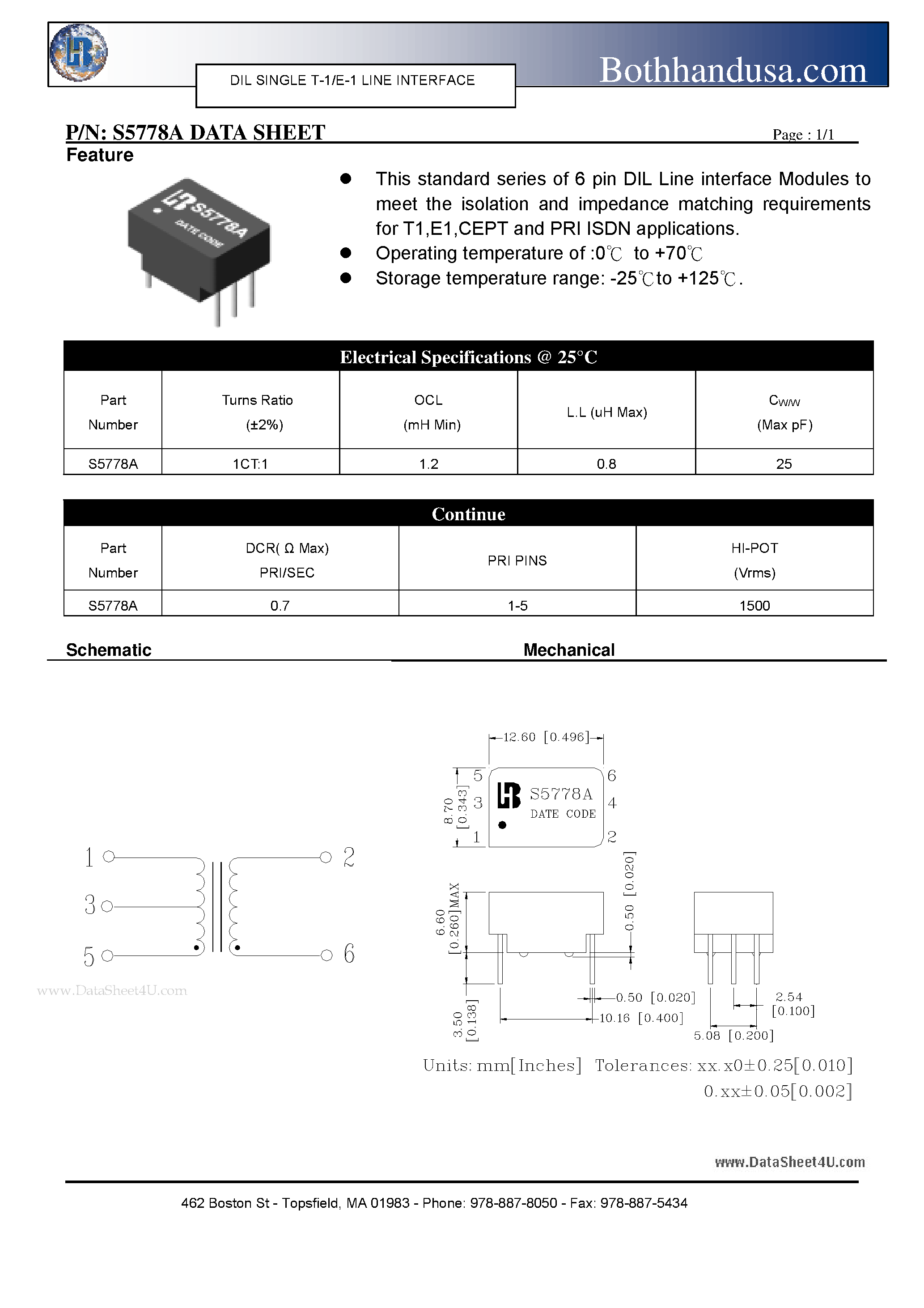 Datasheet S5778A page 1 Datasheet S5778A - DIL SINGLE T-1/E-1 LINE INTERFACE page 1