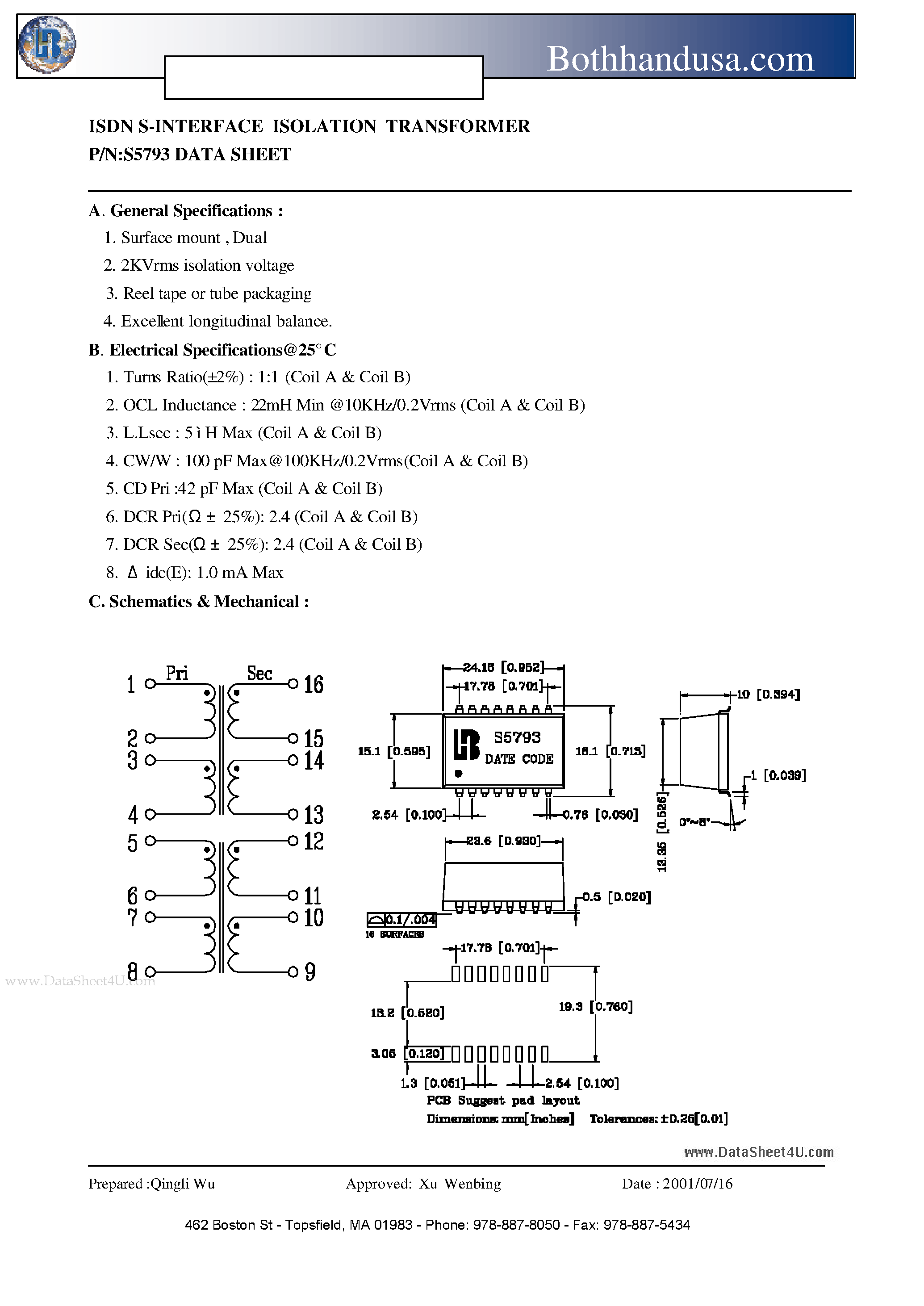 Datasheet S5793 - ISDN S-INTERFACE ISOLATION TRANSFORMER page 1