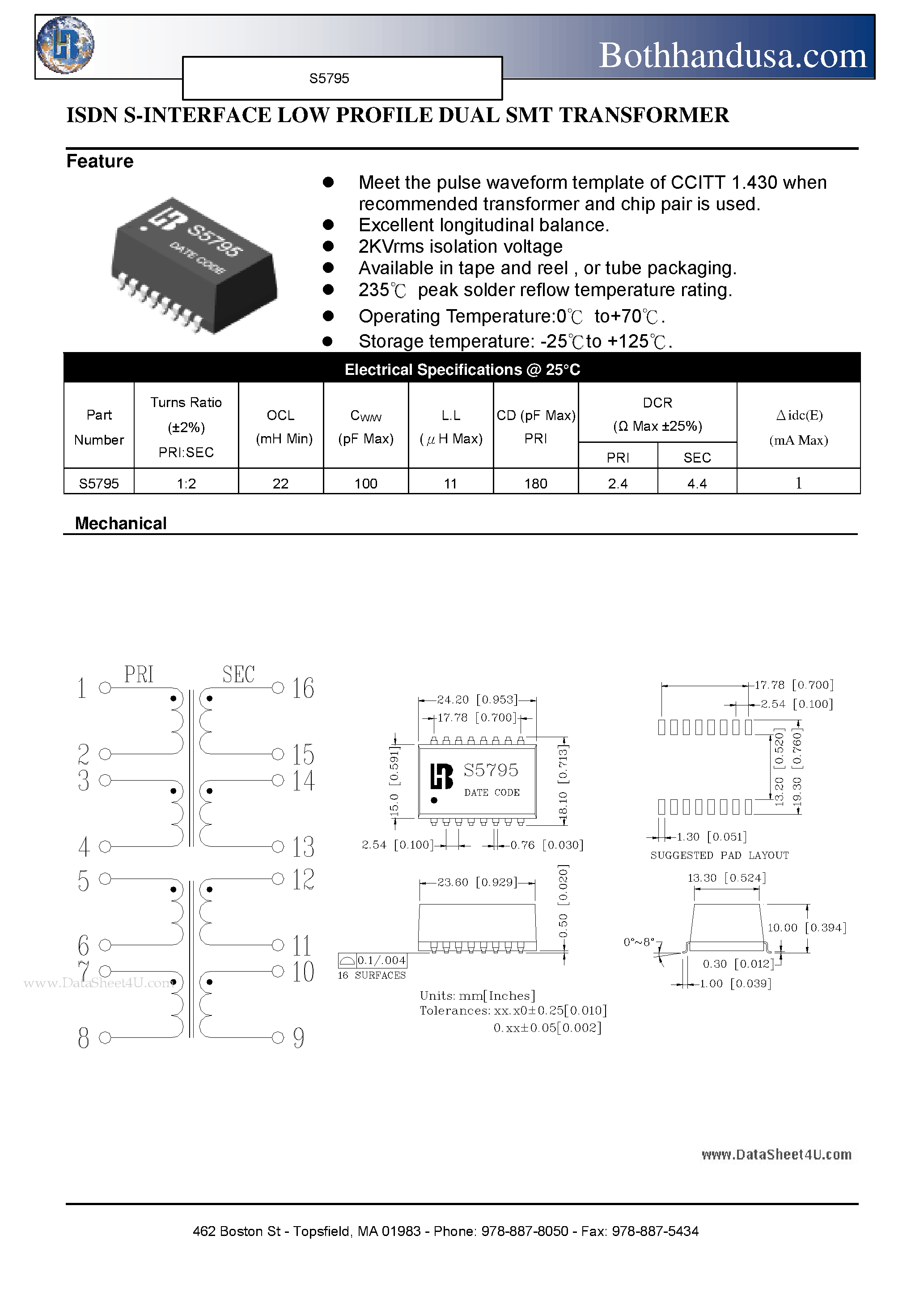 Datasheet S5795 - ISDN S-INTERFACE LOW PROFILE DUAL SMT TRANSFORMER page 1