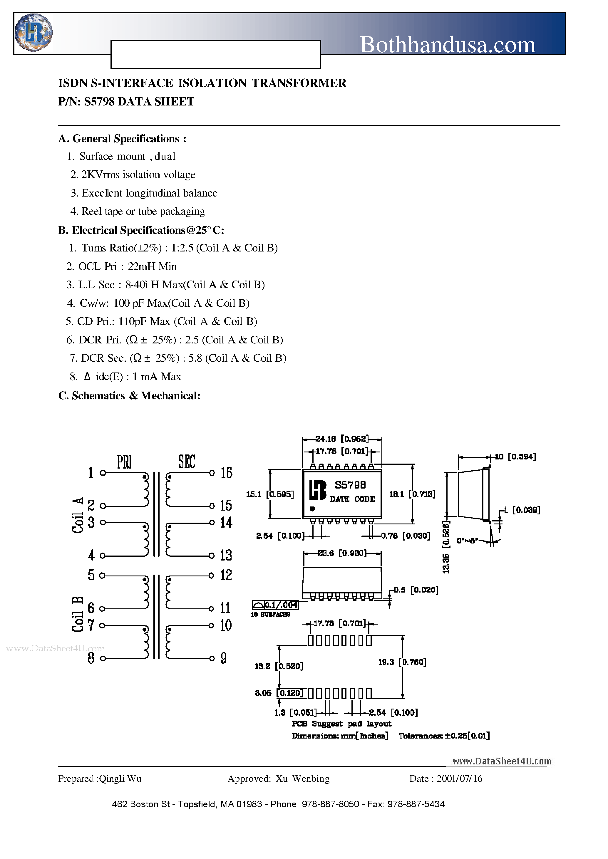 Datasheet S5798 - ISDN S-INTERFACE ISOLATION TRANSFORMER page 1