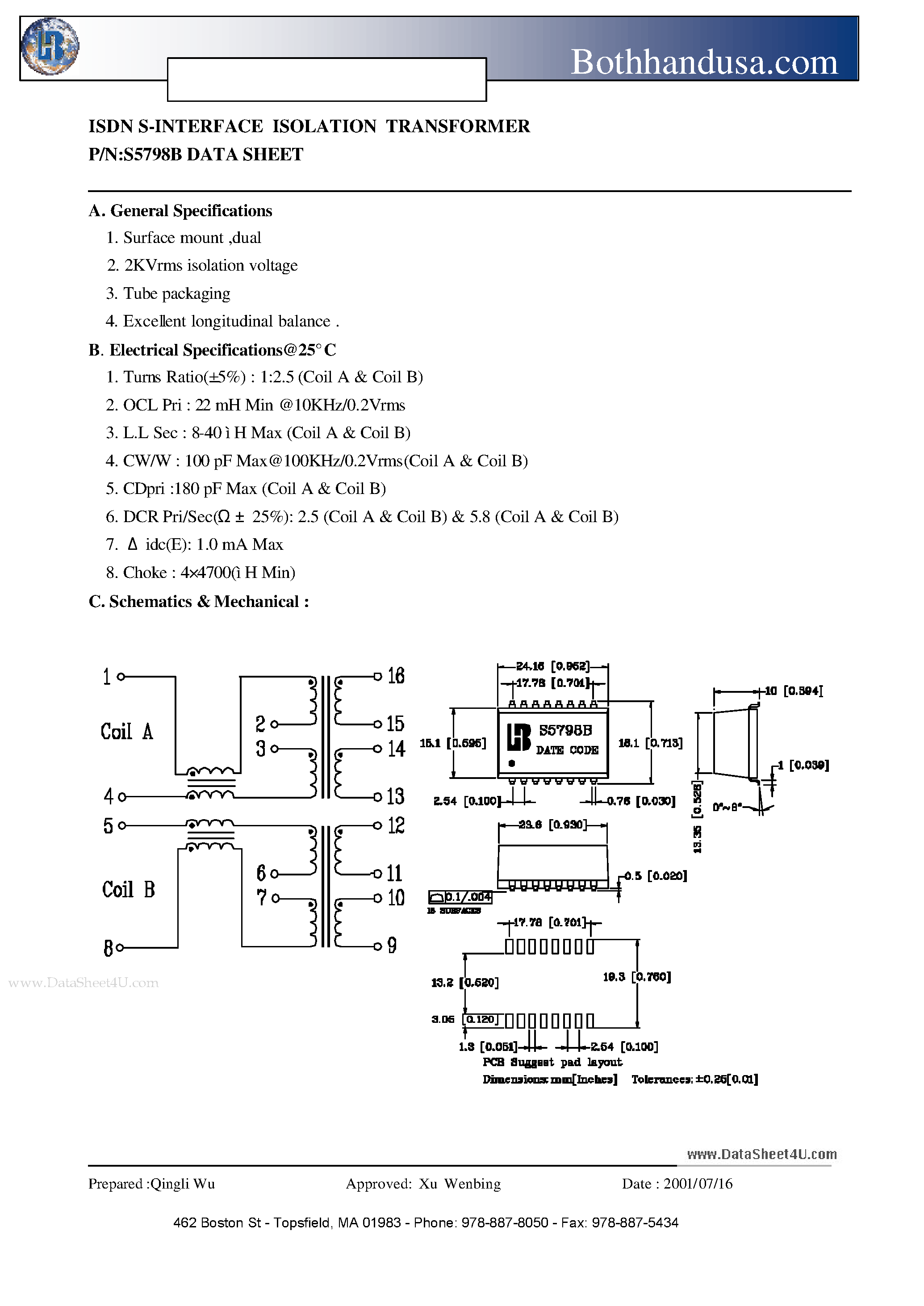 Datasheet S5798B - ISDN S-INTERFACE ISOLATION TRANSFORMER page 1
