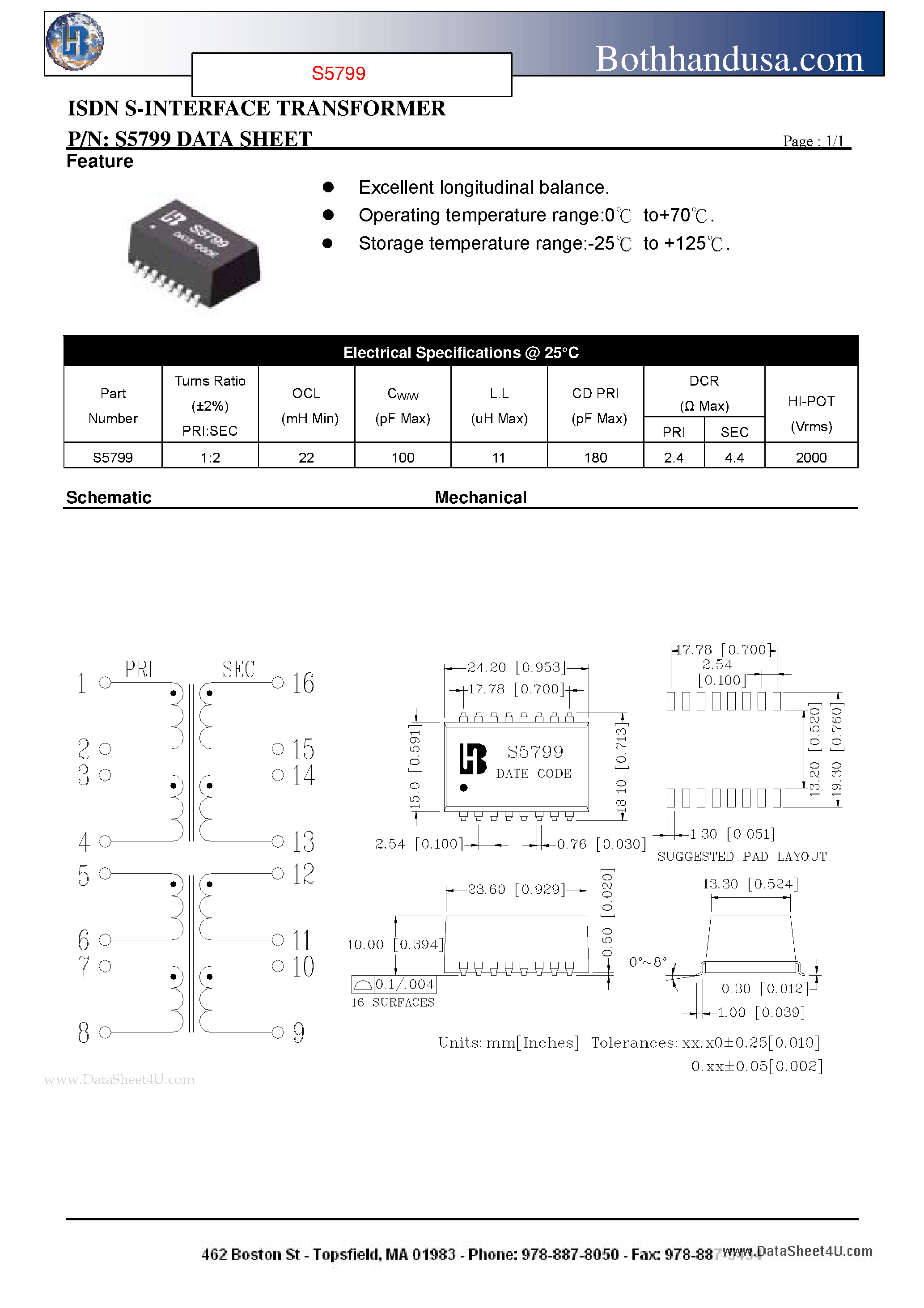 Datasheet S5799 - ISDN S-INTERFACE TRANSFORMER page 1