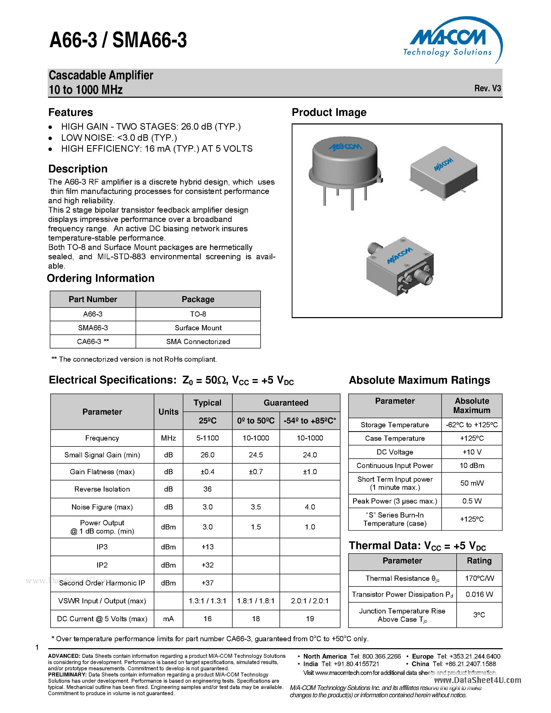 Datasheet SMA66-3 - Cascadable Amplifier 10 to 1000 MHz page 1