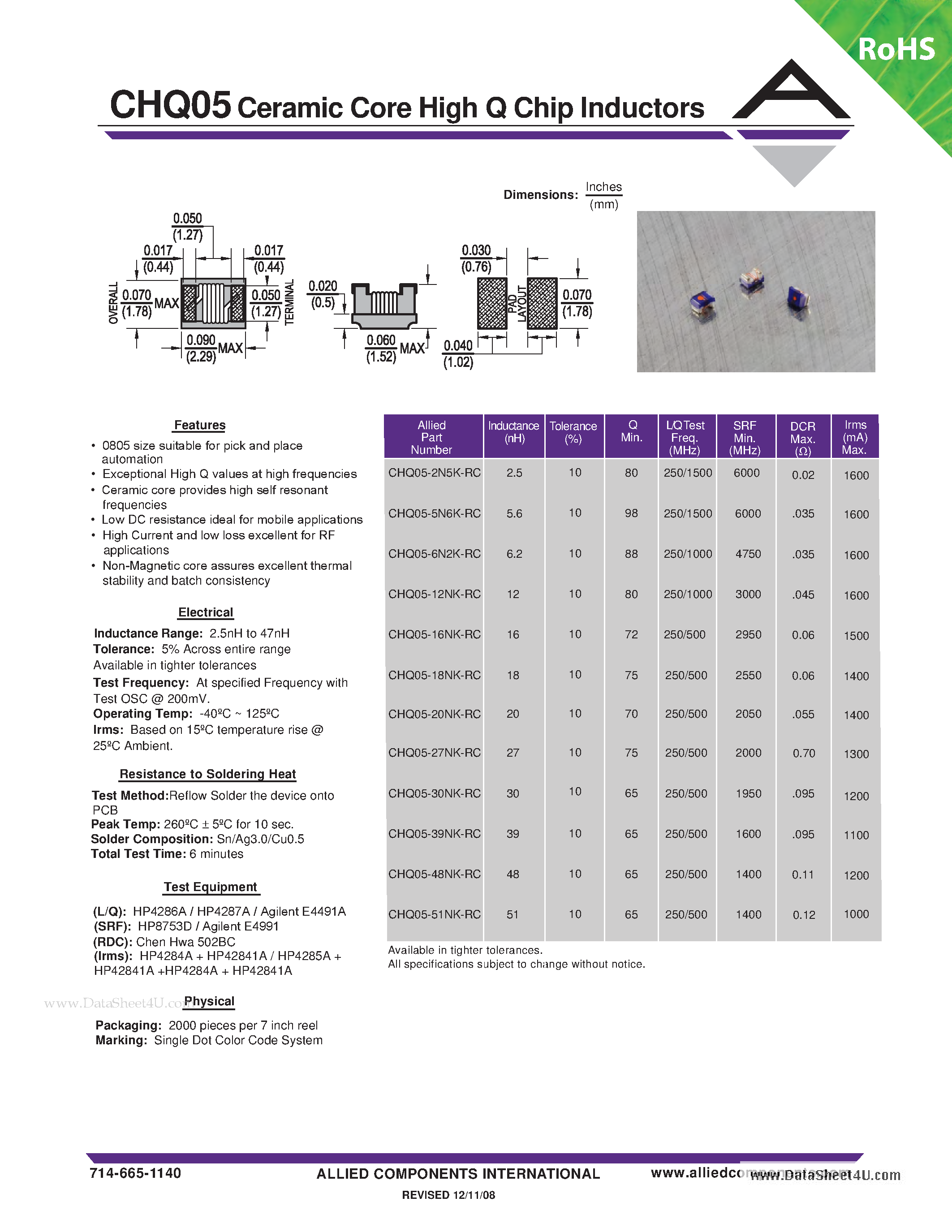 Datasheet CHQ05 - Ceramic Core High Q Chip Inductors page 1
