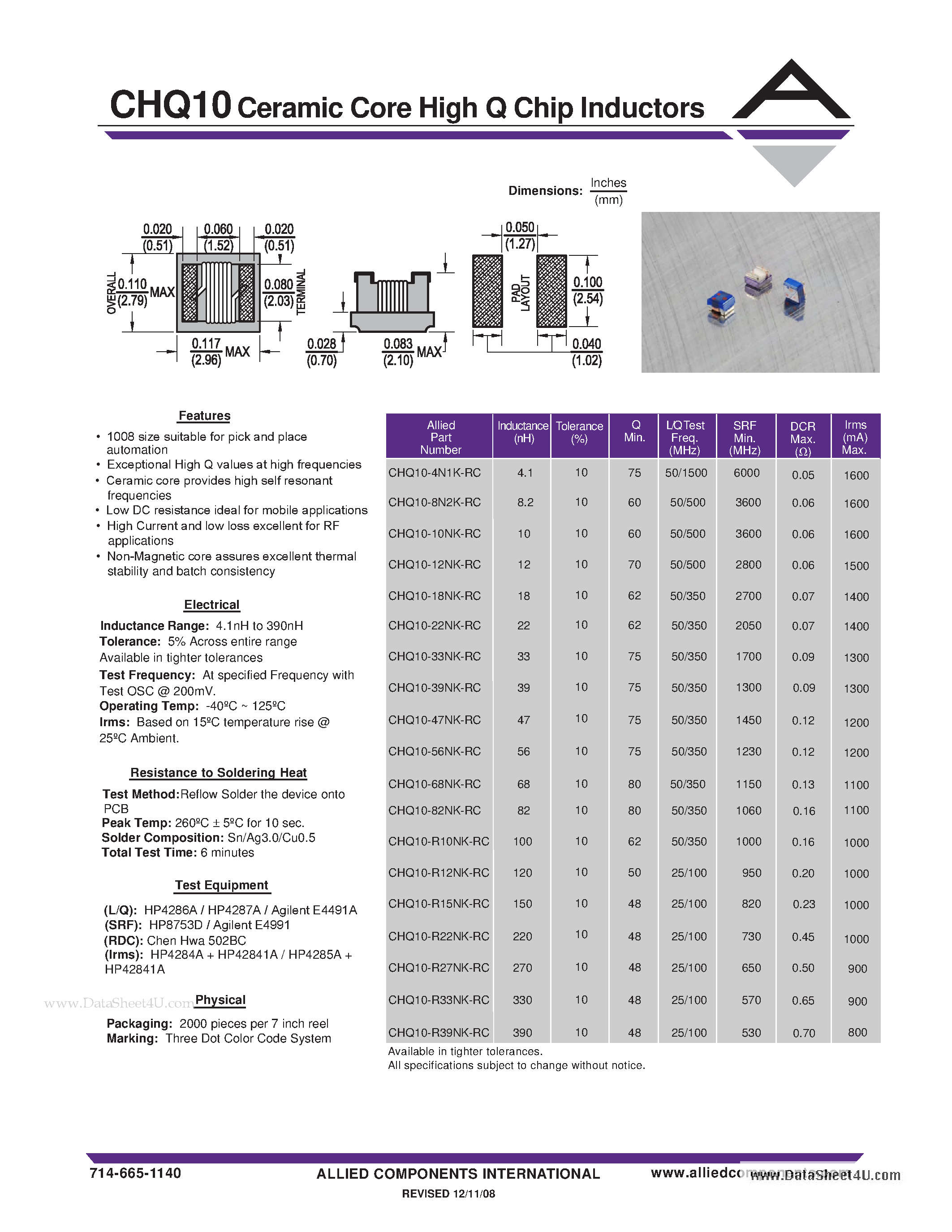 Datasheet CHQ10 page 1 Datasheet CHQ10 - Ceramic Core High Q Chip Inductors page 1