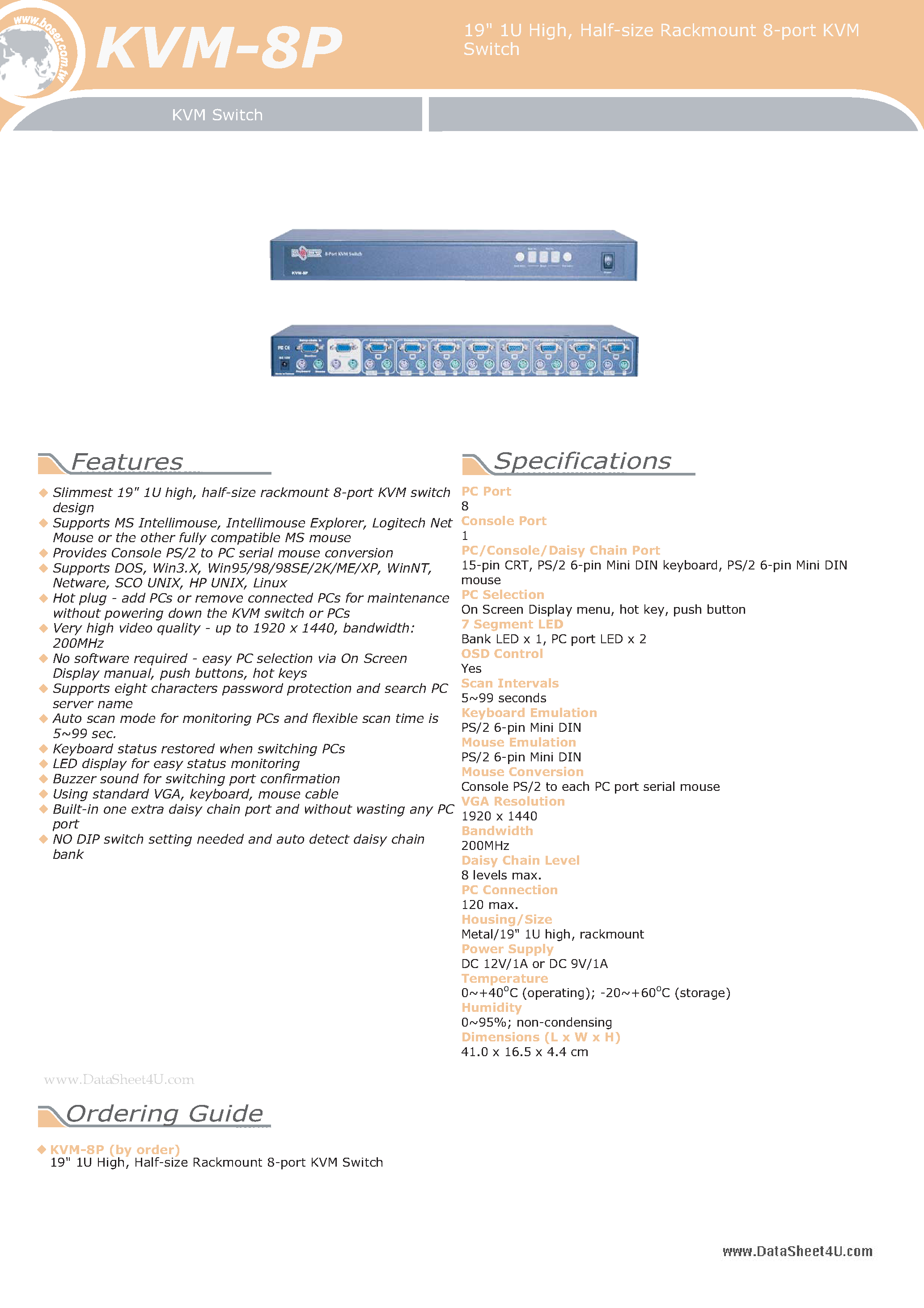 Datasheet KVM-8P - 19 1U High Half-size Rackmount 8-port KVM Switch page 1
