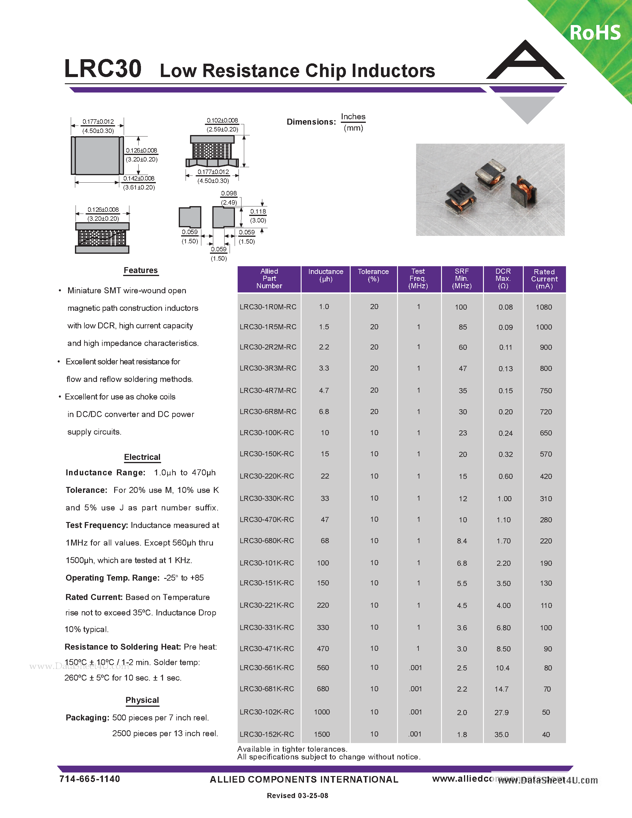 Datasheet LRC30 page 1 Datasheet LRC30 - Low Resistance Chip Inductors page 1