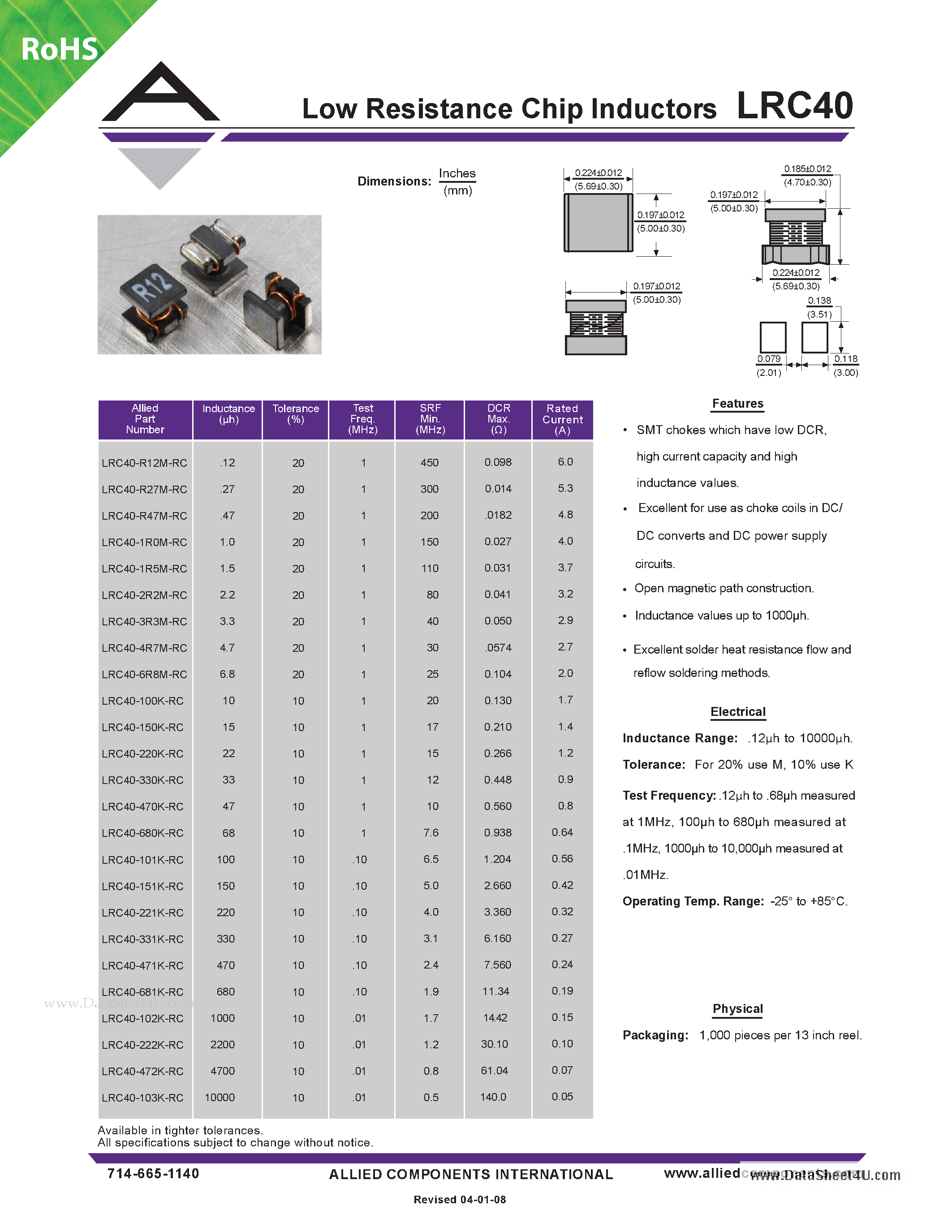 Datasheet LRC40 page 1 Datasheet LRC40 - Low Resistance Chip Inductors page 1