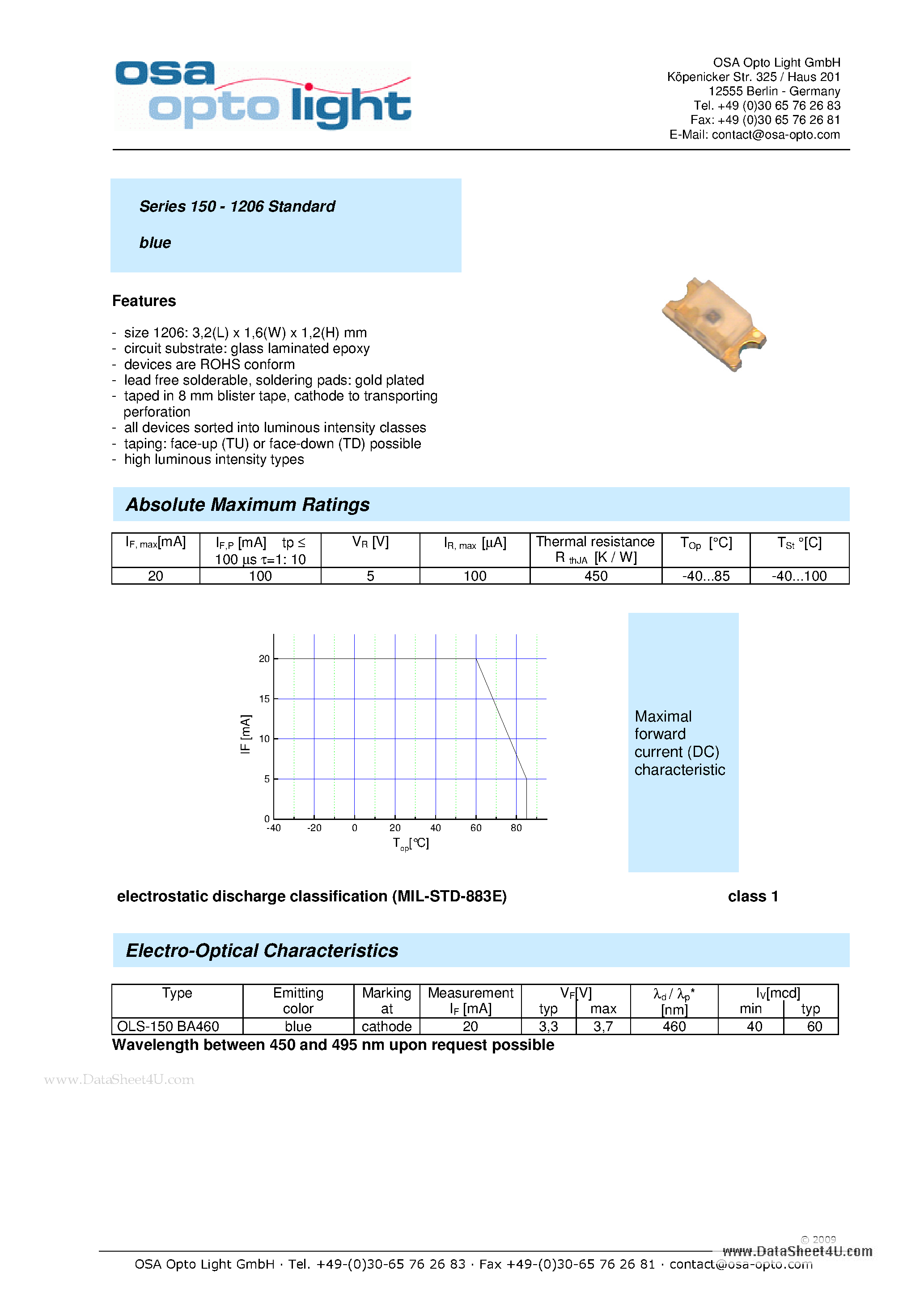 Даташит на микросхему OLS-150BA460 страница 1 Даташит OLS-150BA460 - Series 150 - 1206 Standard blue страница 1