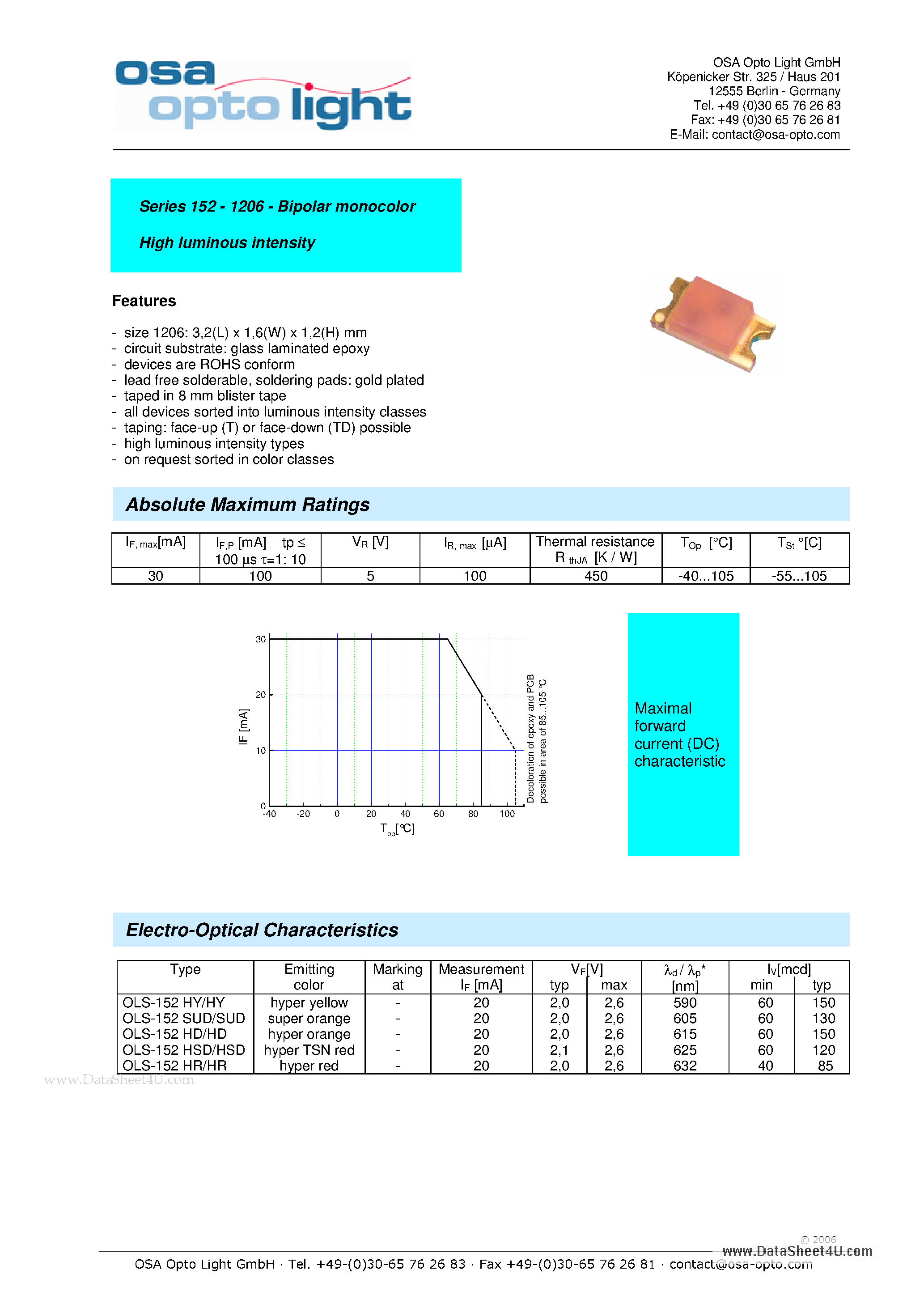 Datasheet OLS-152HY page 1 Datasheet OLS-152HY - Series 152 - 1206 - Bipolar monocolor High luminous intensity page 1