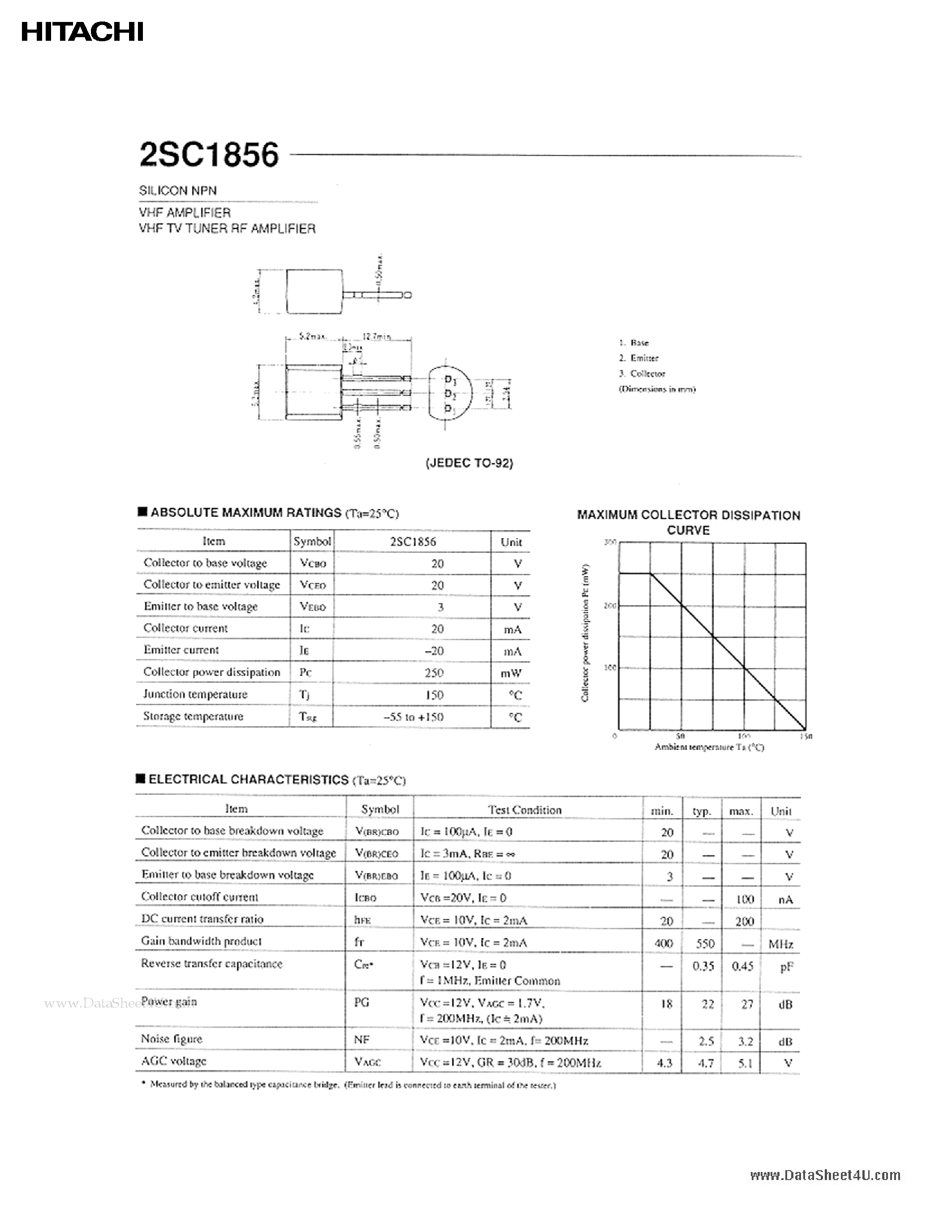 Datasheet 2SC1856 - VHF TV TUNER RF AMPLIFIER page 1