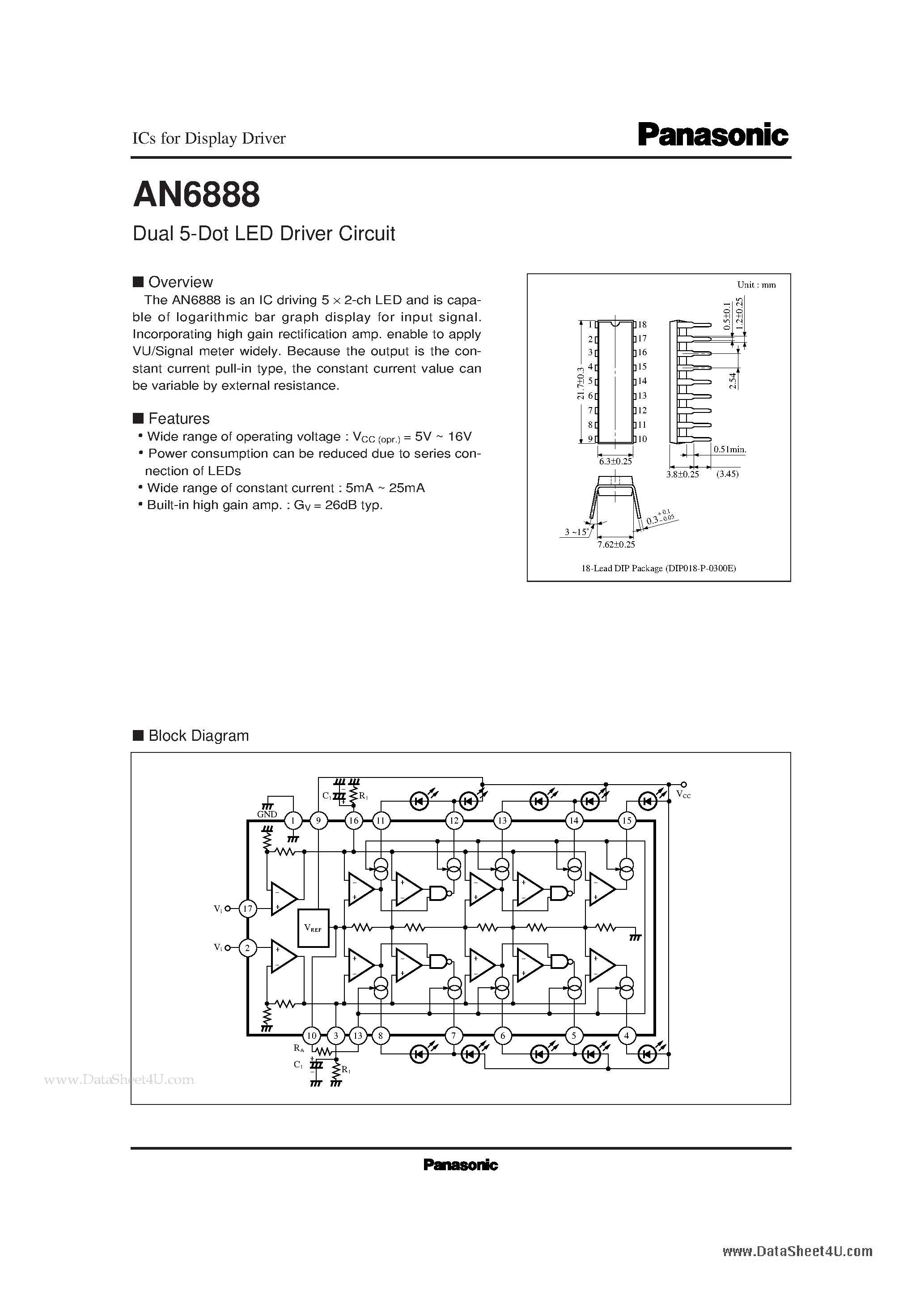 Datasheet AN6888 - Dual 5-Dot LED Driver Circuit page 1