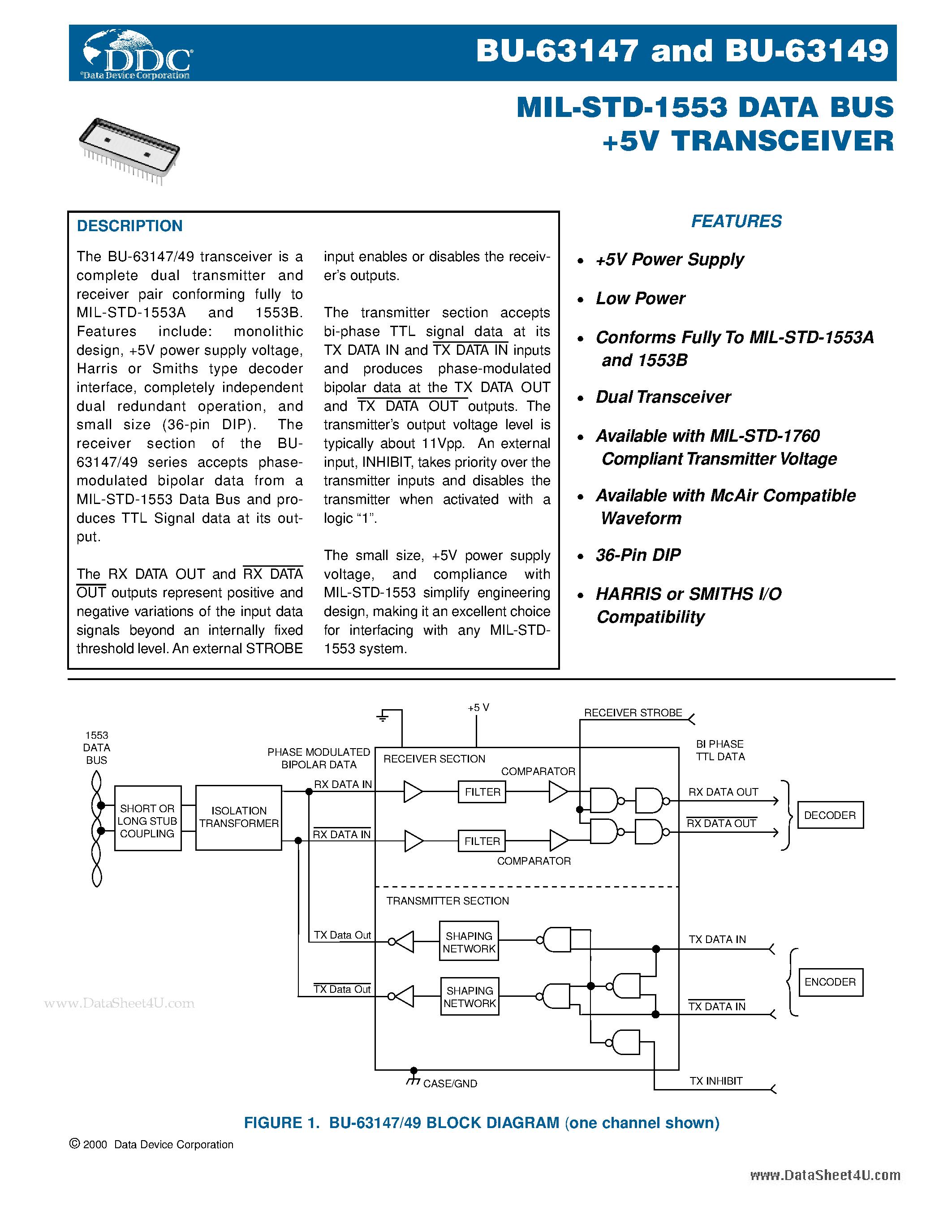 Datasheet BU-63147 - (BU-63147 / BU-63149) MIL-STD-1553 Data Bus +5V Transceiver page 1