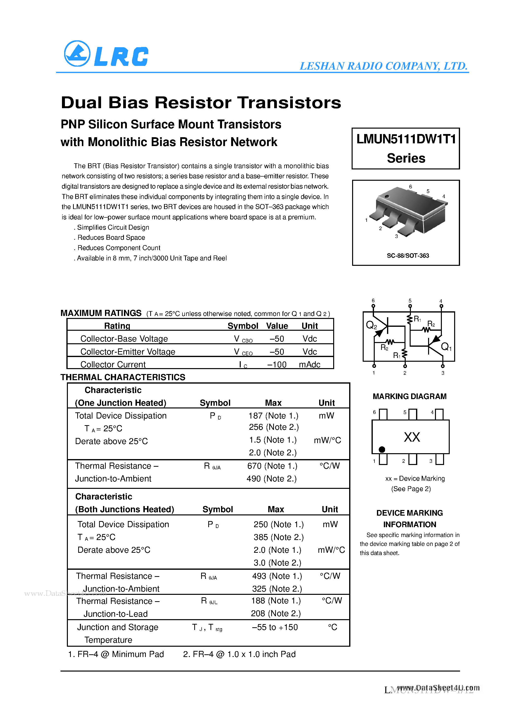 Datasheet LMUN5111DW1T1 - Dual Bias Resistor Transistors PNP Silicon Surface Mount Transistors page 1