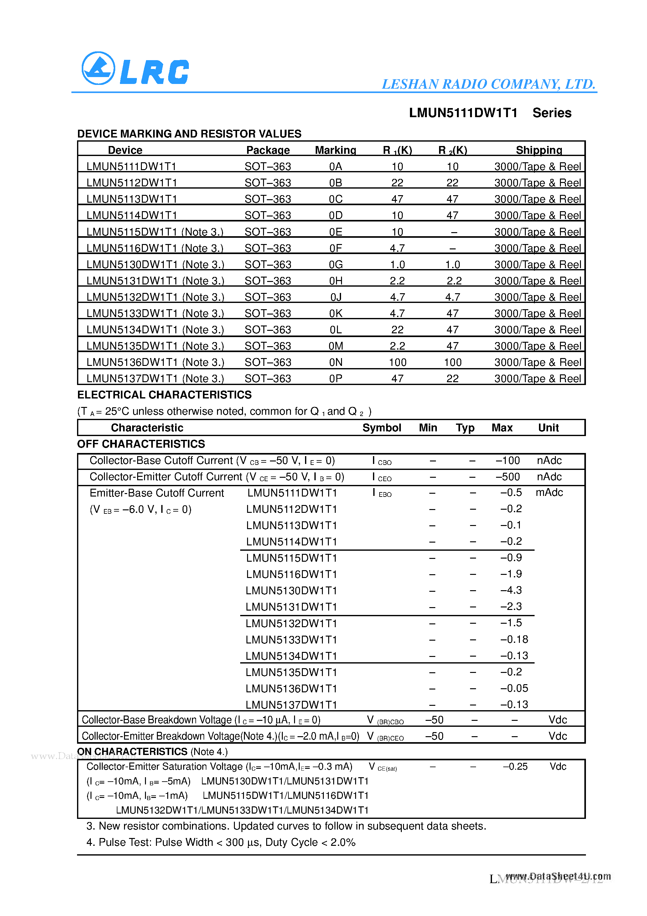 Datasheet LMUN5111DW1T1 - Dual Bias Resistor Transistors PNP Silicon Surface Mount Transistors page 2