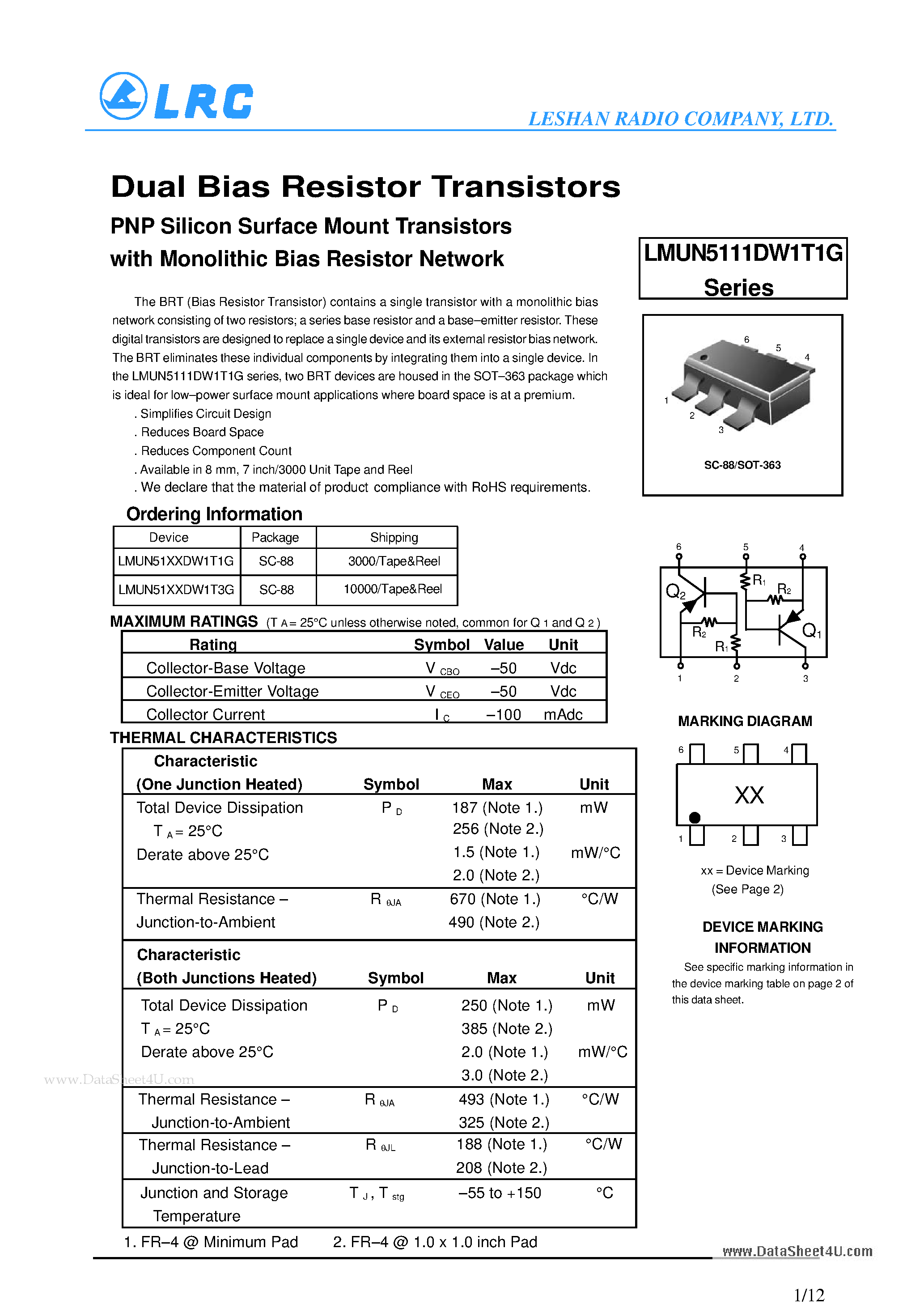 Даташит LMUN5111DW1T1G - Dual Bias Resistor Transistors страница 1