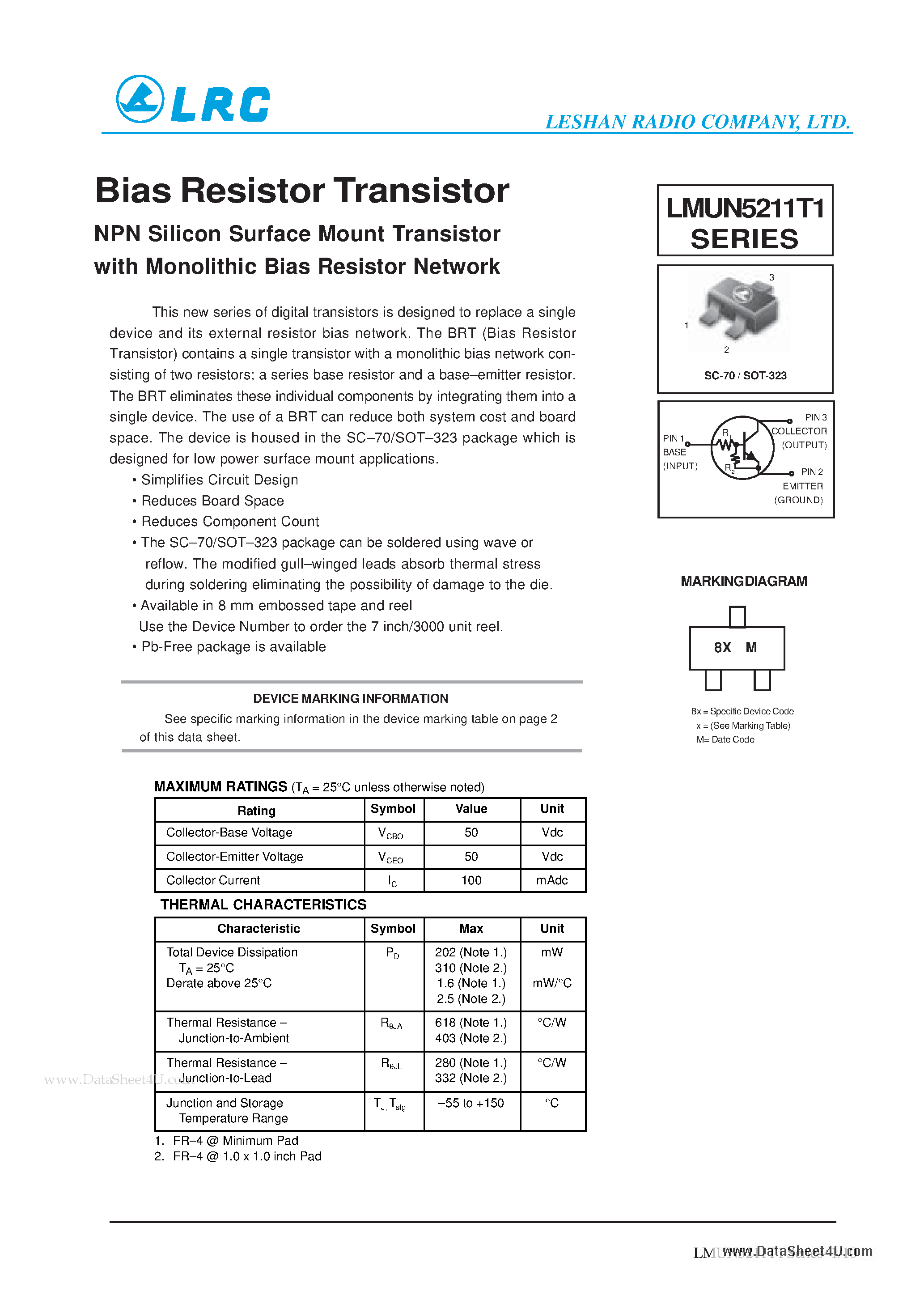 Datasheet LMUN5211T1 - Bias Resistor Transistor NPN Silicon Surface Mount Transistor page 1