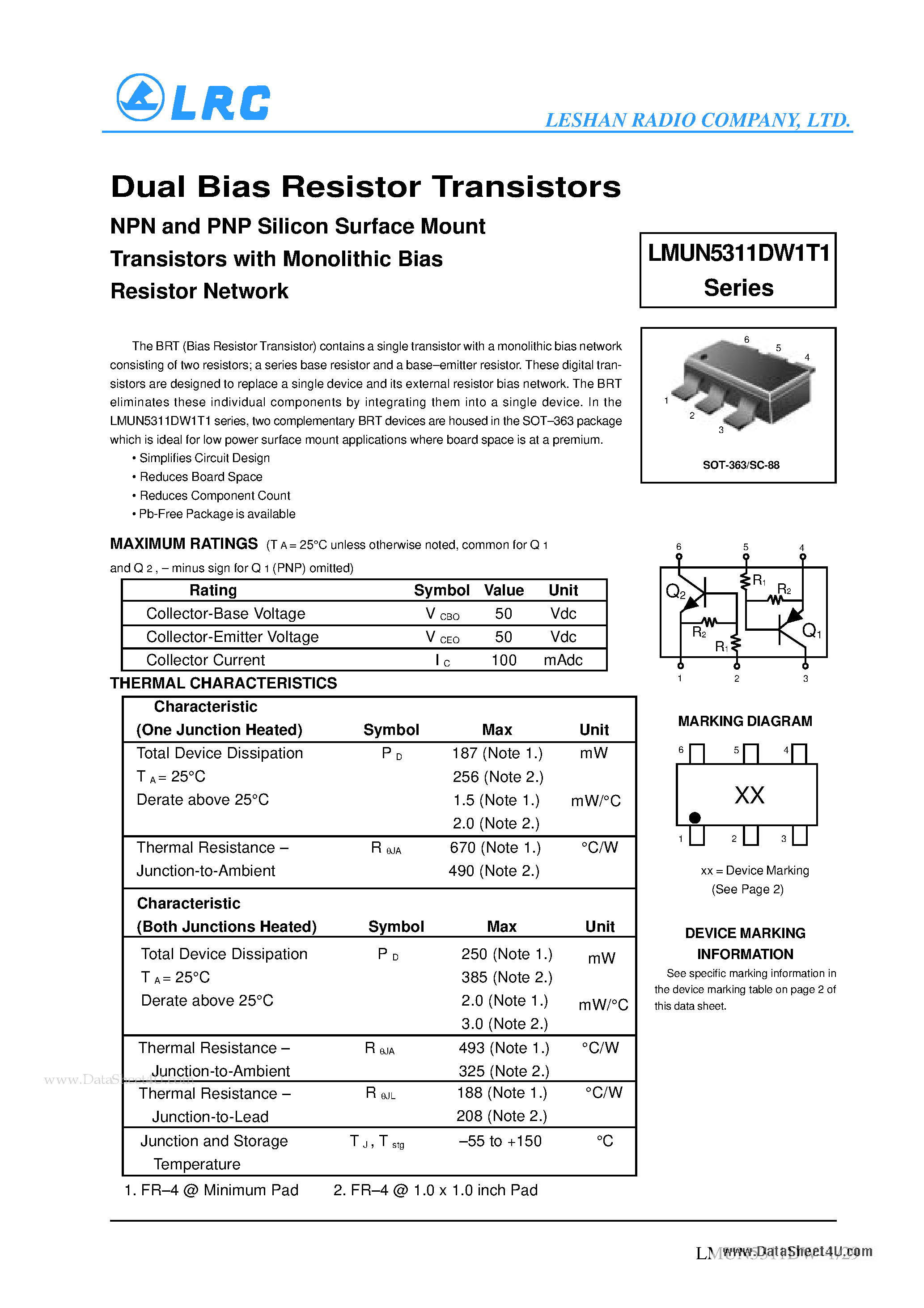 Datasheet LMUN5313DW1T1G - Dual Bias Resistor Transistors NPN and PNP Silicon Surface Mount Transistors page 1