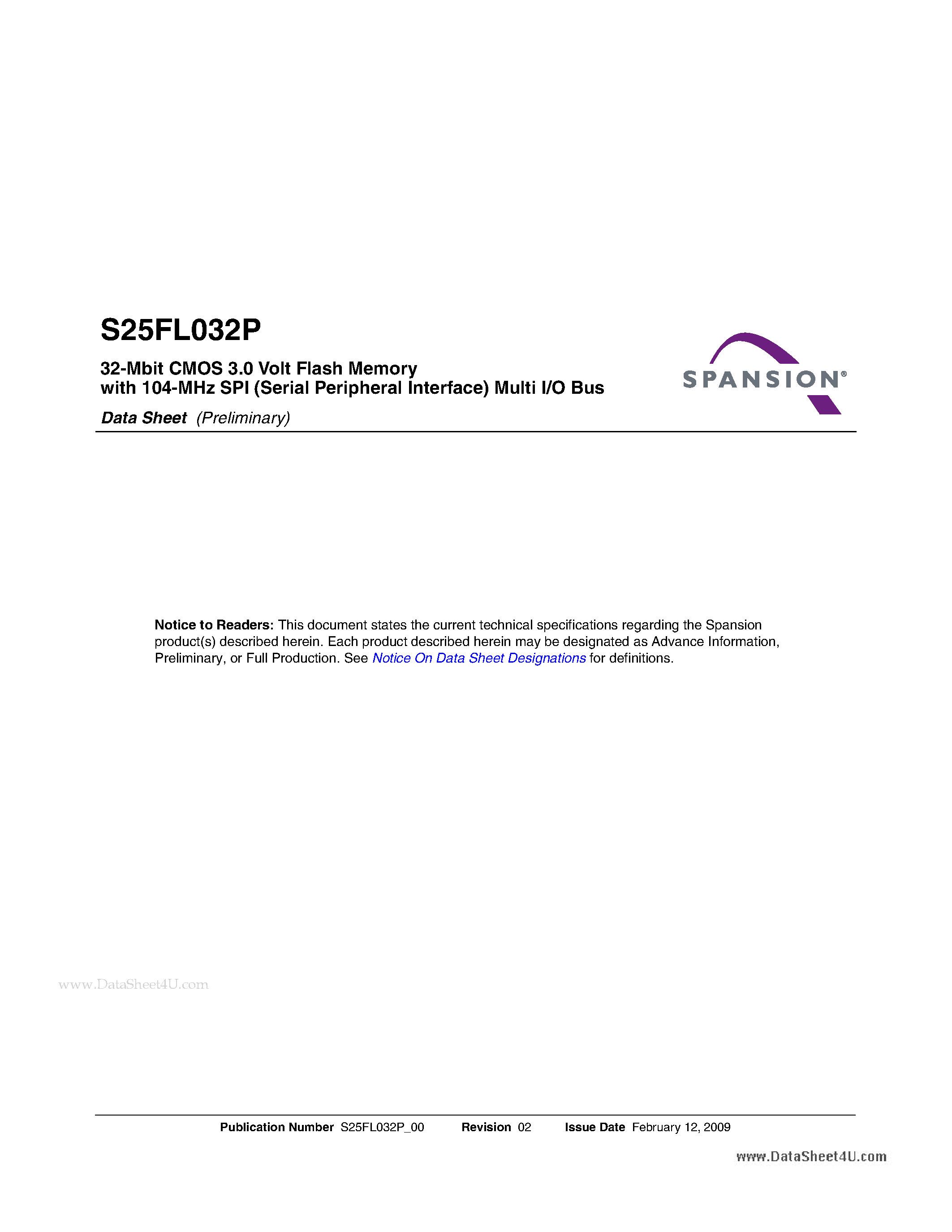 Datasheet S25FL032P page 1 Datasheet S25FL032P - 32-Mbit CMOS 3.0 Volt Flash Memory page 1