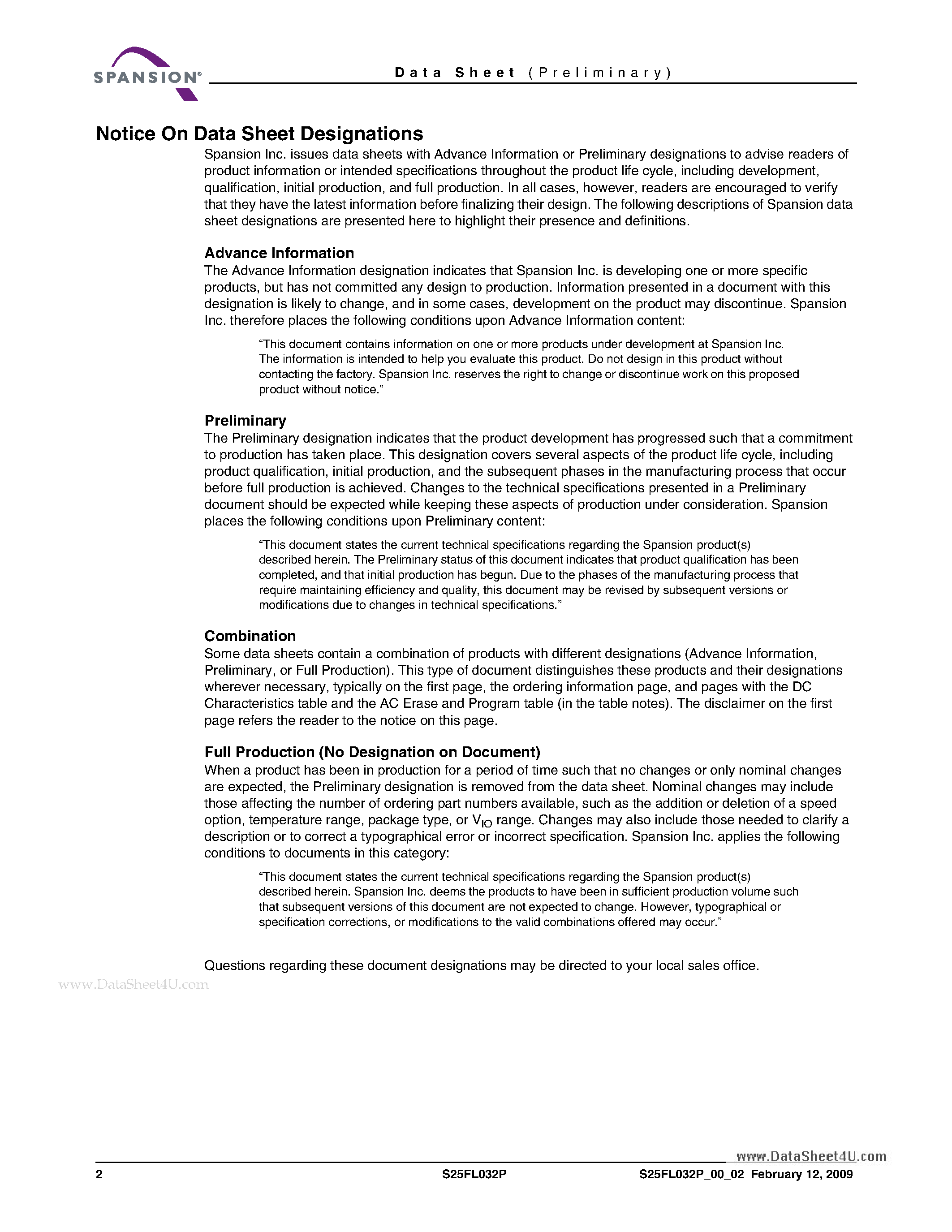 Datasheet S25FL032P page 2 Datasheet S25FL032P - 32-Mbit CMOS 3.0 Volt Flash Memory page 2