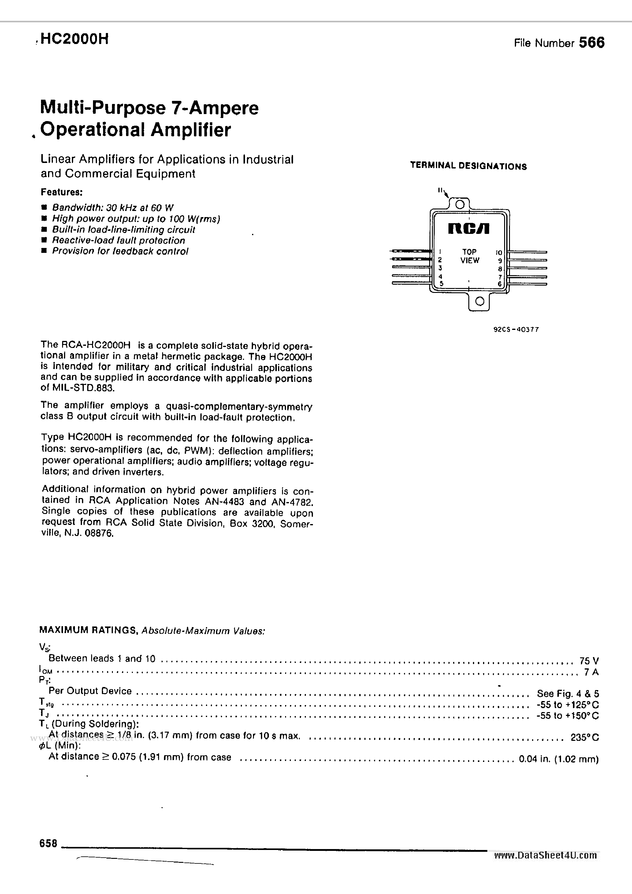 Datasheet HC2000H - Multi-Purpose 7-Ampere Operational Amplifier page 1