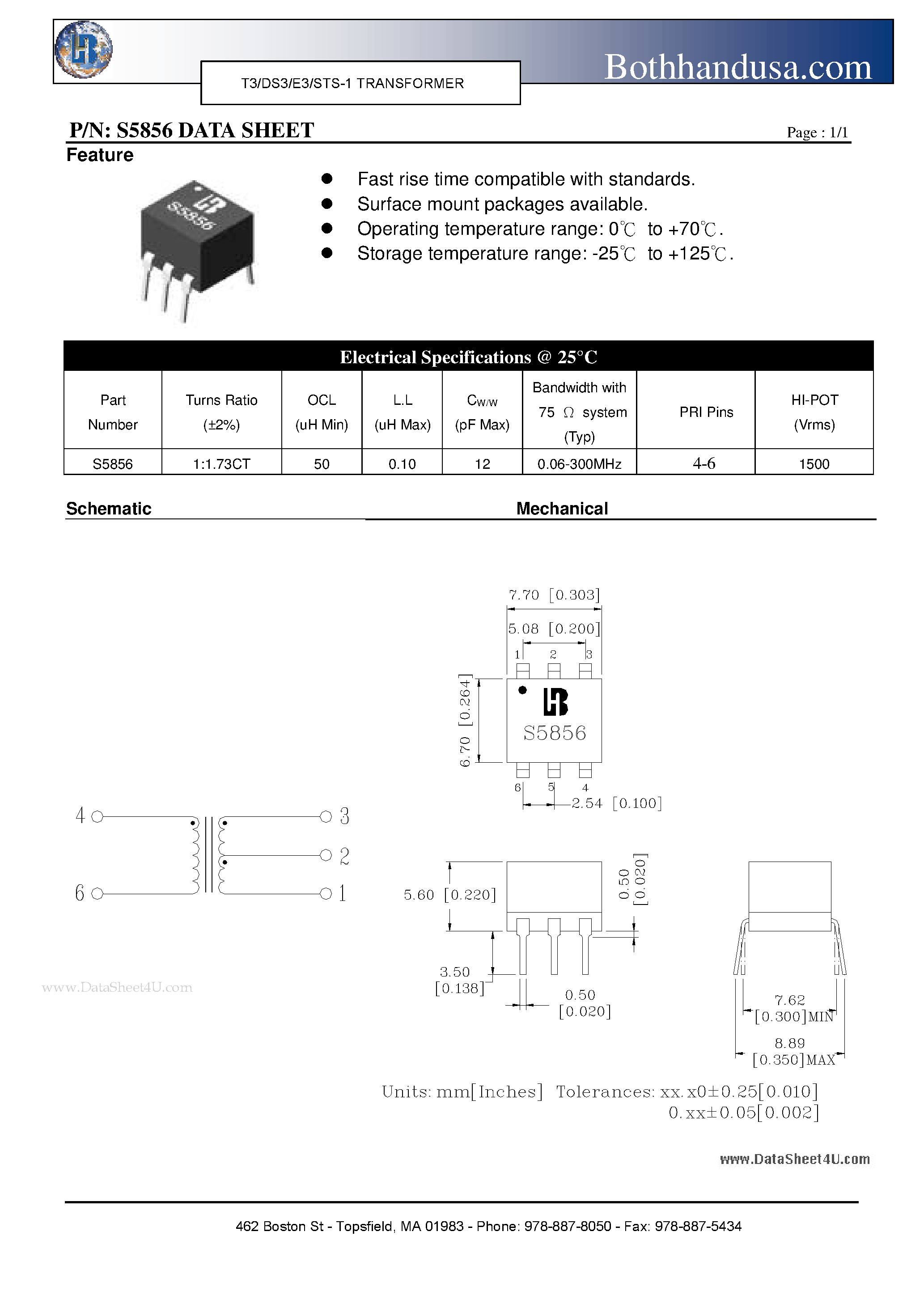 Datasheet S5856 - T3/DS3/E3/STS-1 TRANSFORMER page 1