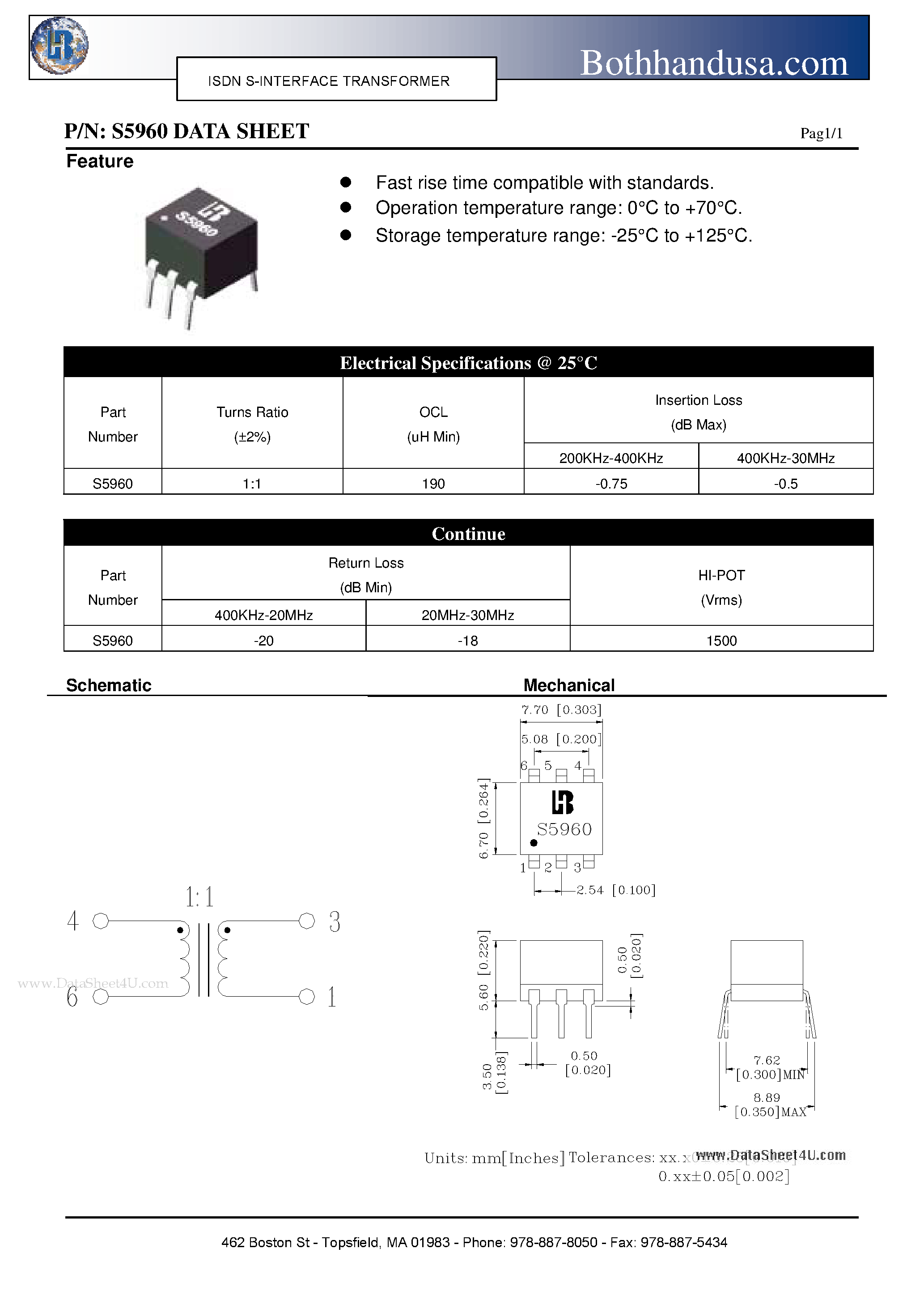 Datasheet S5960 - ISDN S-INTERFACE TRANSFORMER page 1