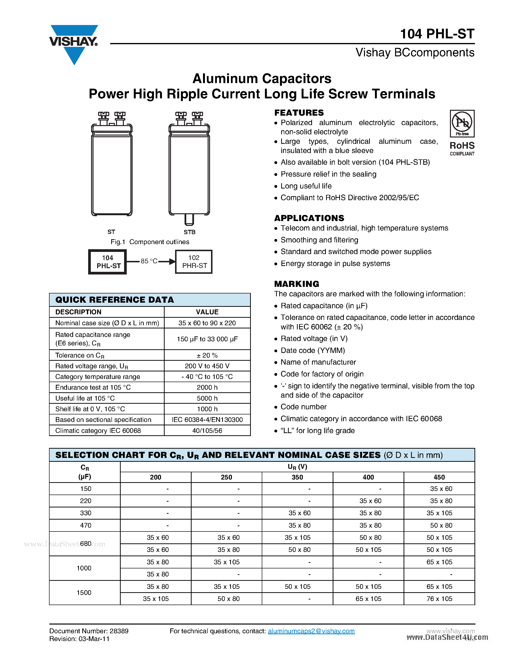 Datasheet 104PHL-ST - Aluminum Capacitors Power High Ripple Current Long Life Screw Terminals page 1