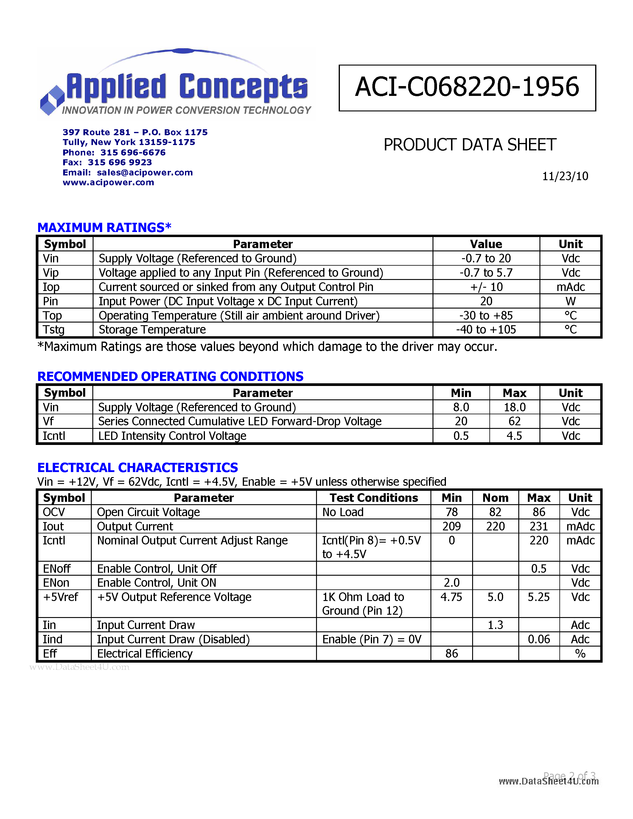 Datasheet ACI-C068220-1956 page 2 Datasheet ACI-C068220-1956 - I-DRIVE 15 WATT LED DRIVER page 2