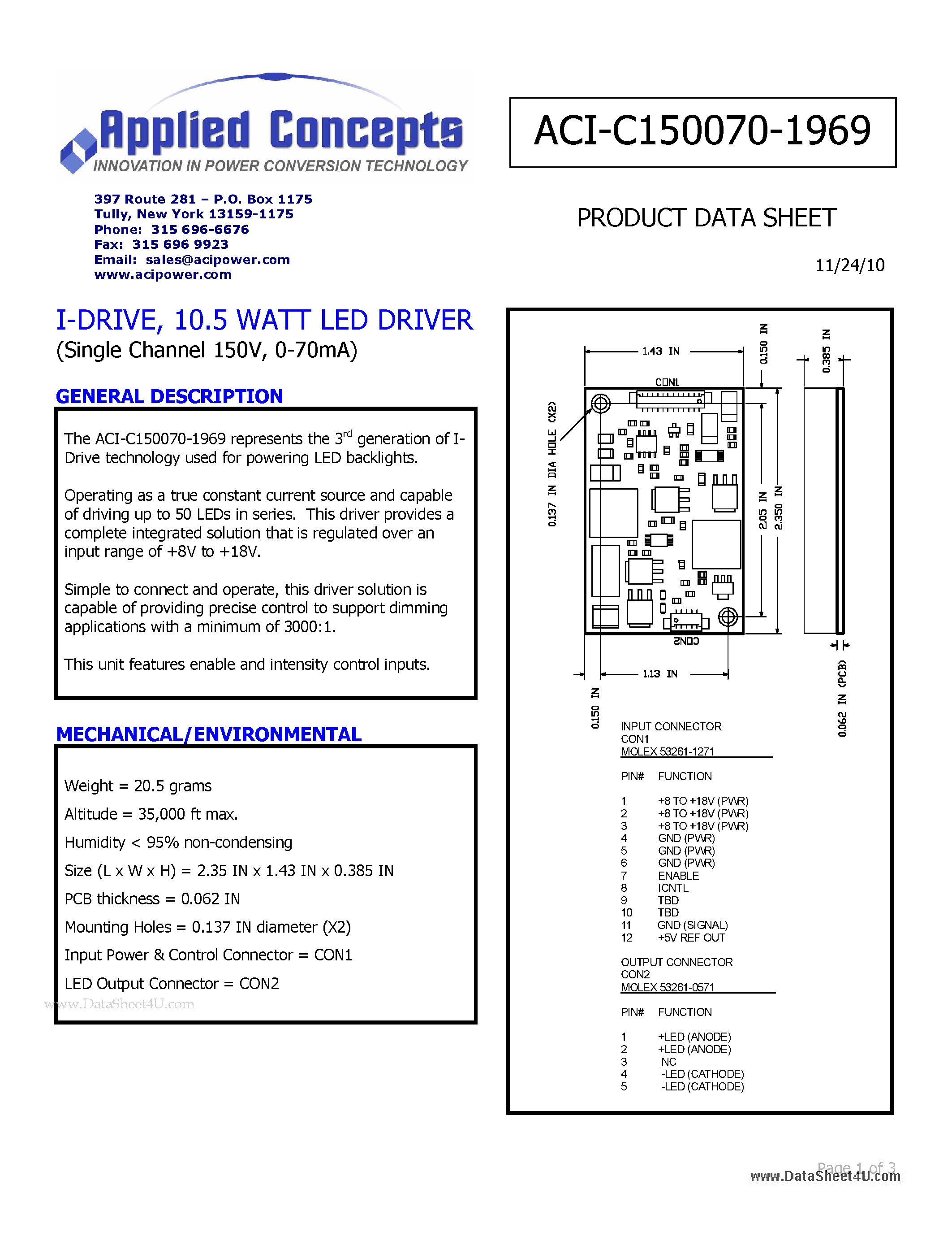 Datasheet ACI-C150070-1969 page 1 Datasheet ACI-C150070-1969 - I-DRIVE 10.5 WATT LED DRIVER page 1