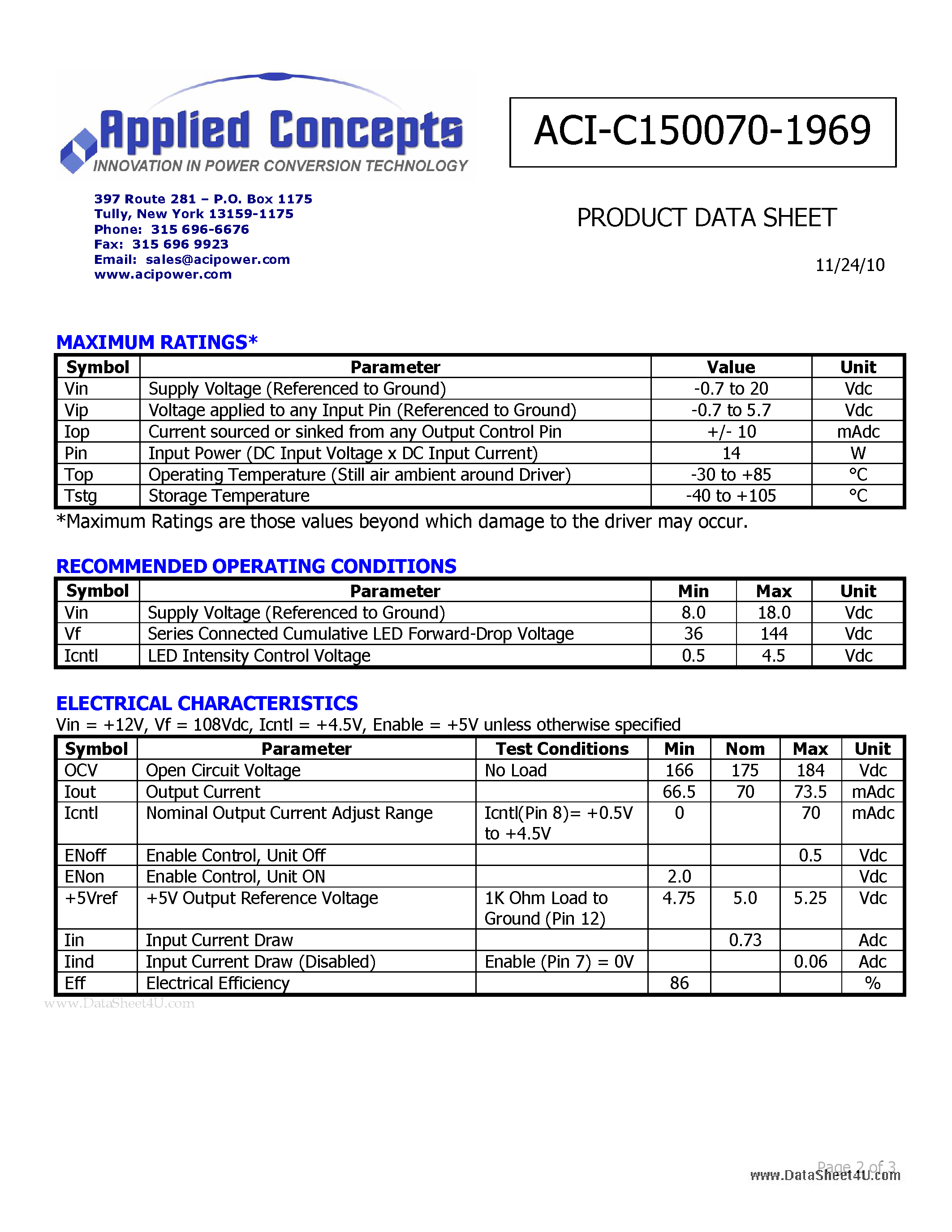 Datasheet ACI-C150070-1969 page 2 Datasheet ACI-C150070-1969 - I-DRIVE 10.5 WATT LED DRIVER page 2