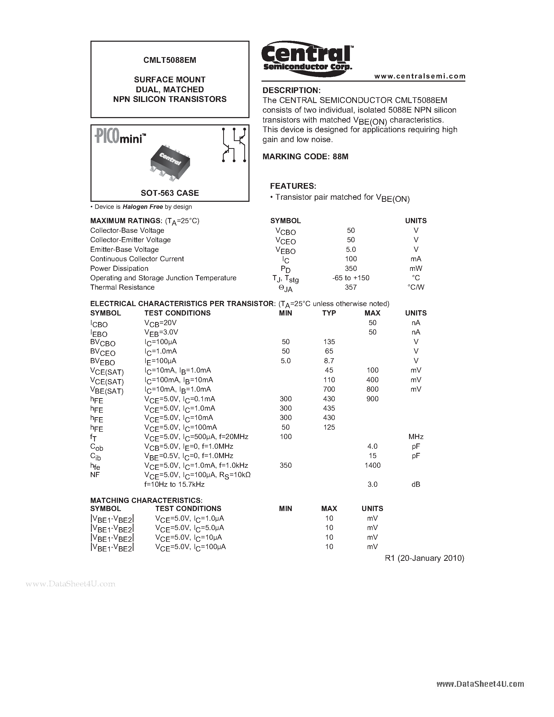 Даташит CMLT5088EM - SURFACE MOUNT DUAL MATCHED NPN SILICON TRANSISTORS страница 1