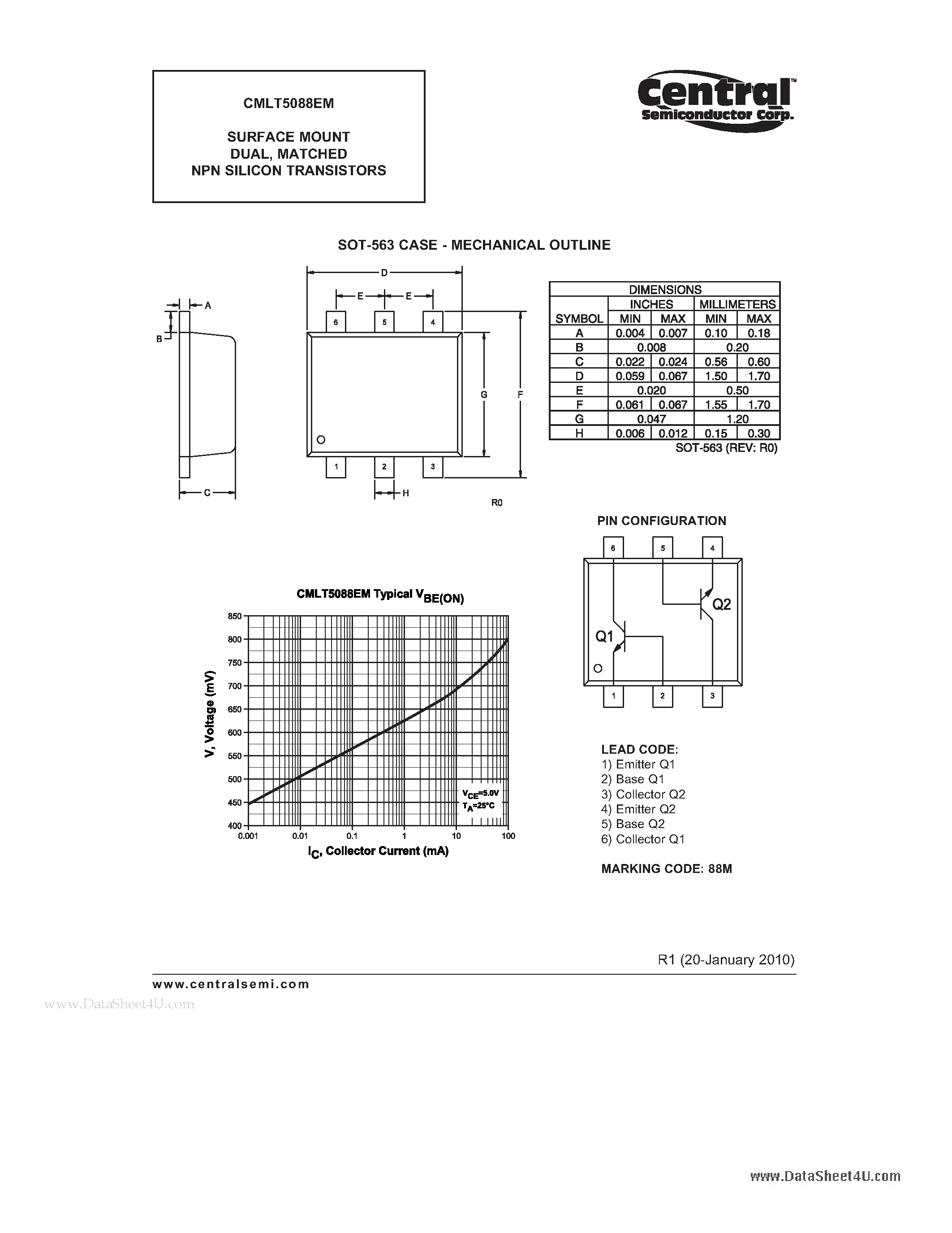 Даташит CMLT5088EM - SURFACE MOUNT DUAL MATCHED NPN SILICON TRANSISTORS страница 2