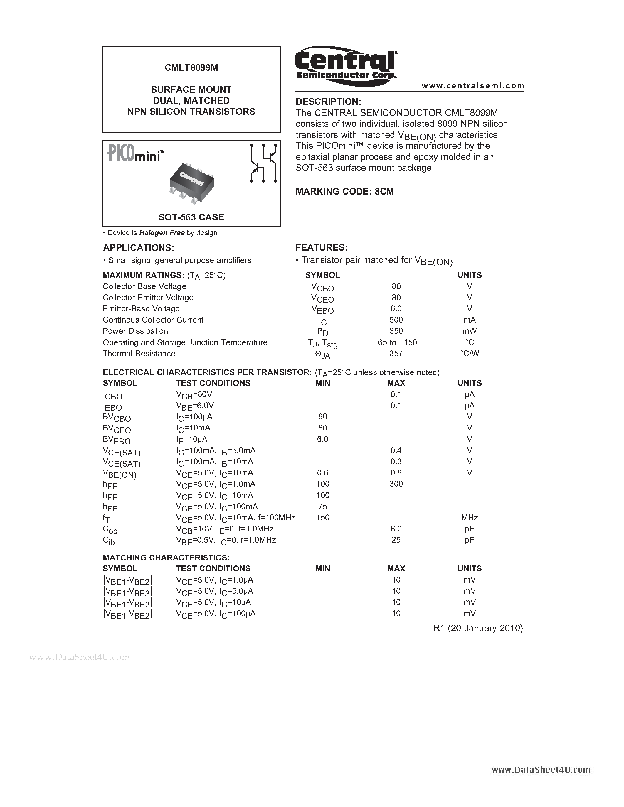 Даташит CMLT8099M - SURFACE MOUNT DUAL MATCHED NPN SILICON TRANSISTORS страница 1