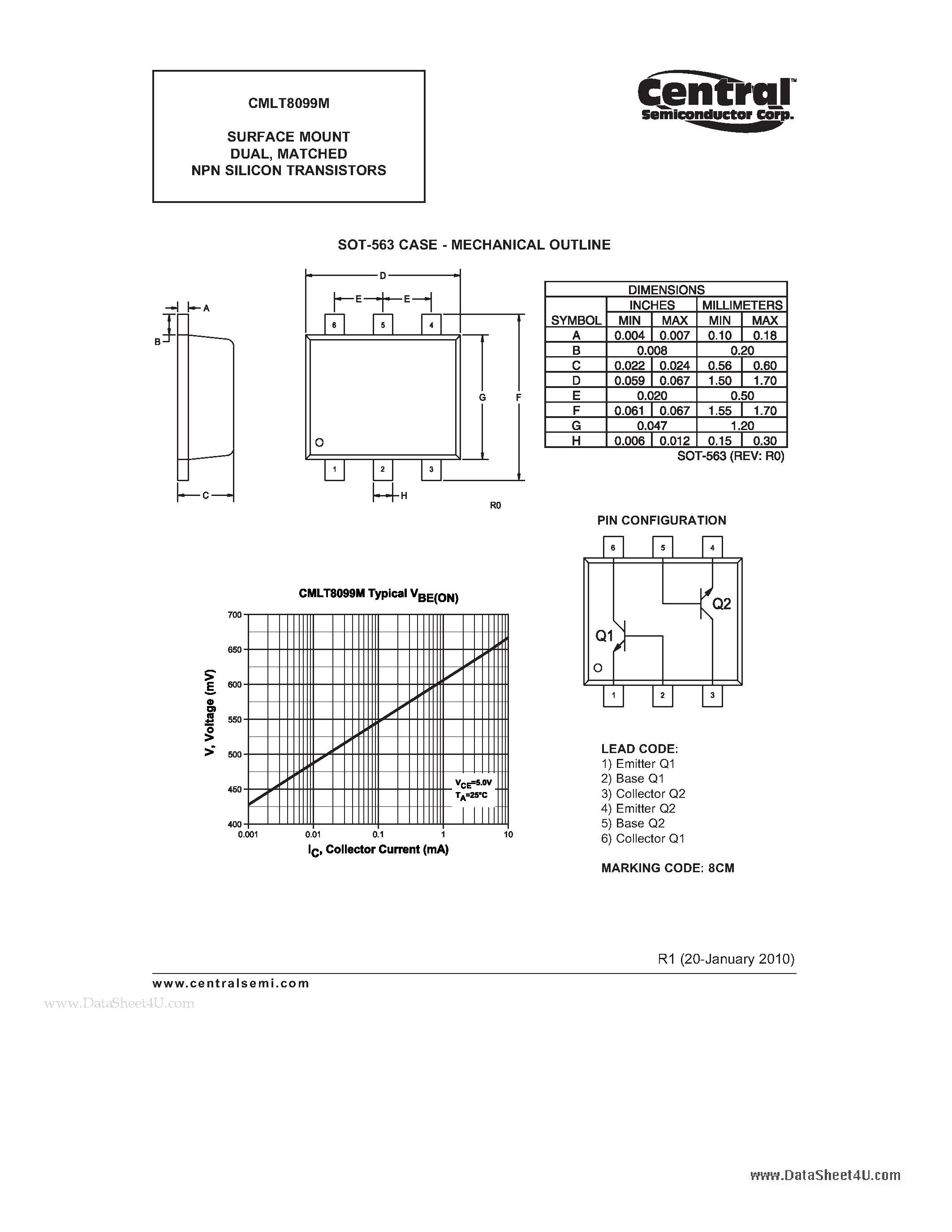 Даташит CMLT8099M - SURFACE MOUNT DUAL MATCHED NPN SILICON TRANSISTORS страница 2