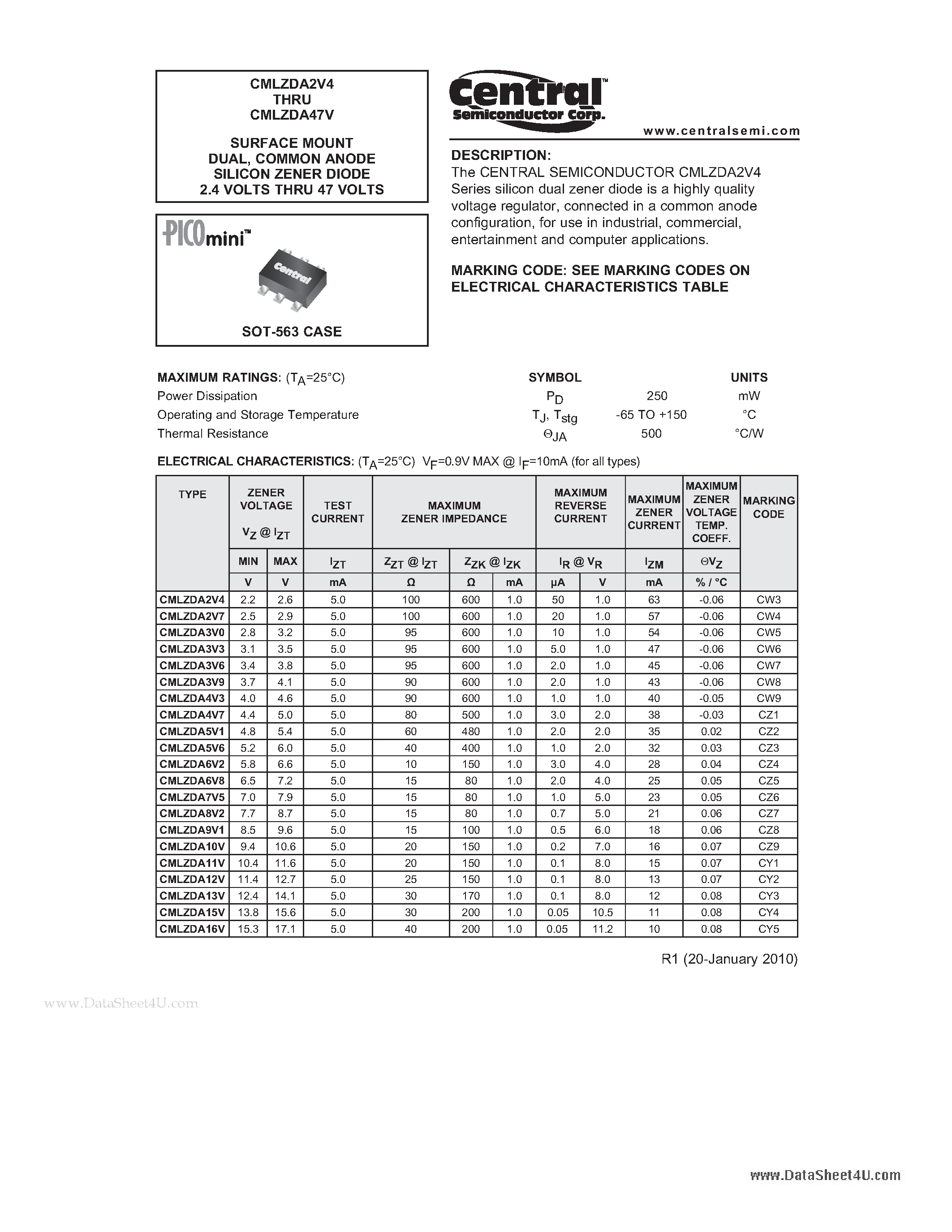 Datasheet CMLZDA2V4 - SURFACE MOUNT DUAL COMMON ANODE SILICON ZENER DIODE 2.4 VOLTS THRU 47 VOLTS page 1