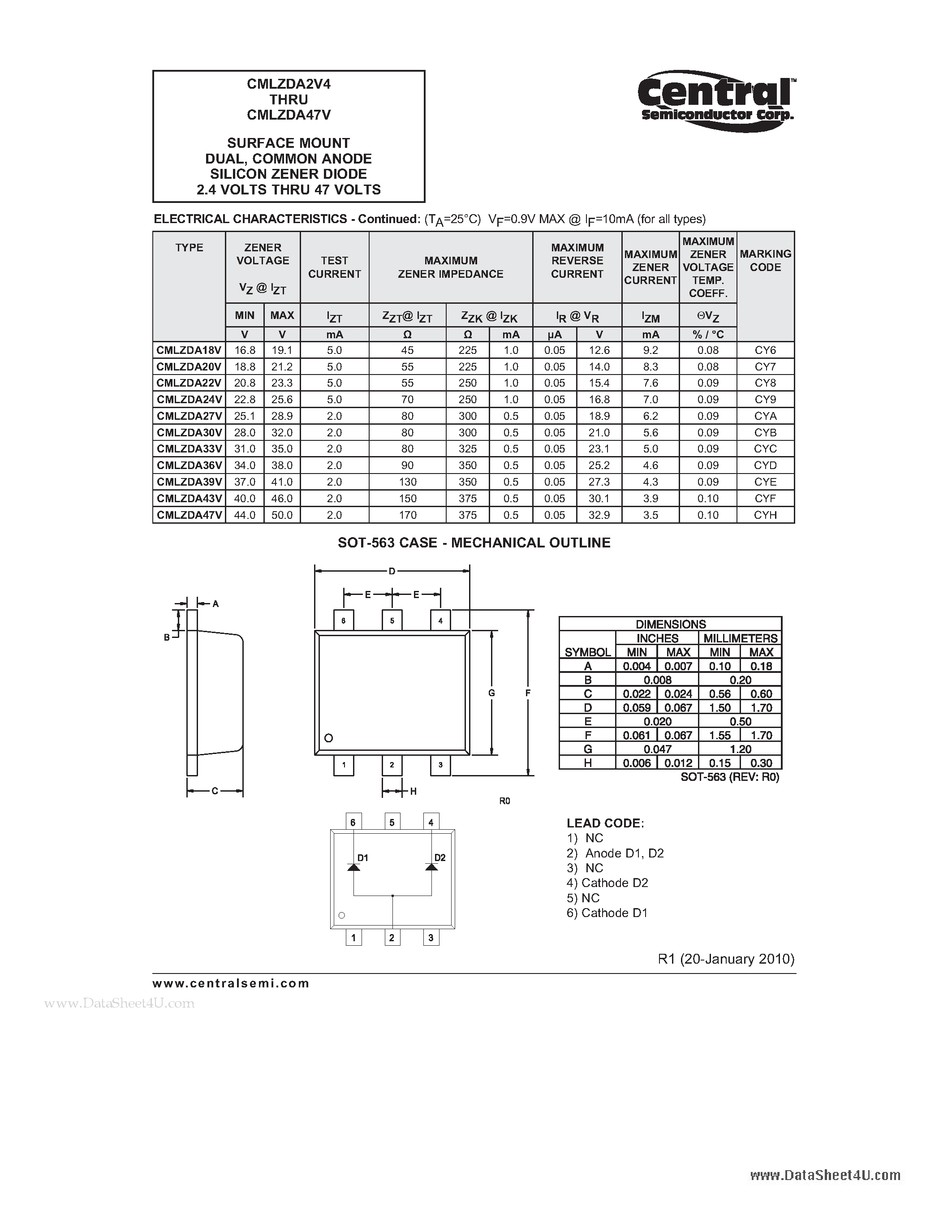 Datasheet CMLZDA2V4 - SURFACE MOUNT DUAL COMMON ANODE SILICON ZENER DIODE 2.4 VOLTS THRU 47 VOLTS page 2