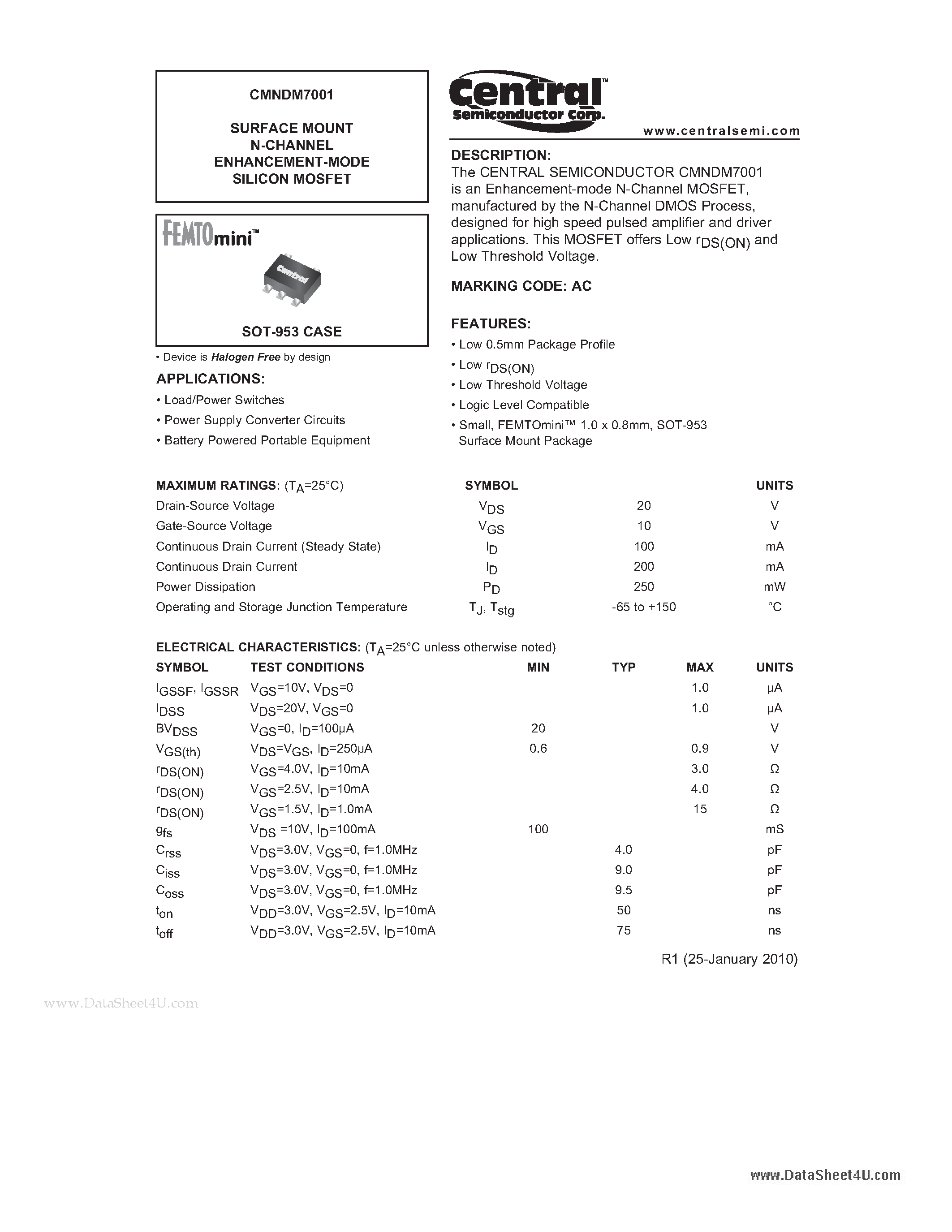 Datasheet CMNDM7001 - SURFACE MOUNT N-CHANNEL ENHANCEMENT-MODE SILICON MOSFET page 1