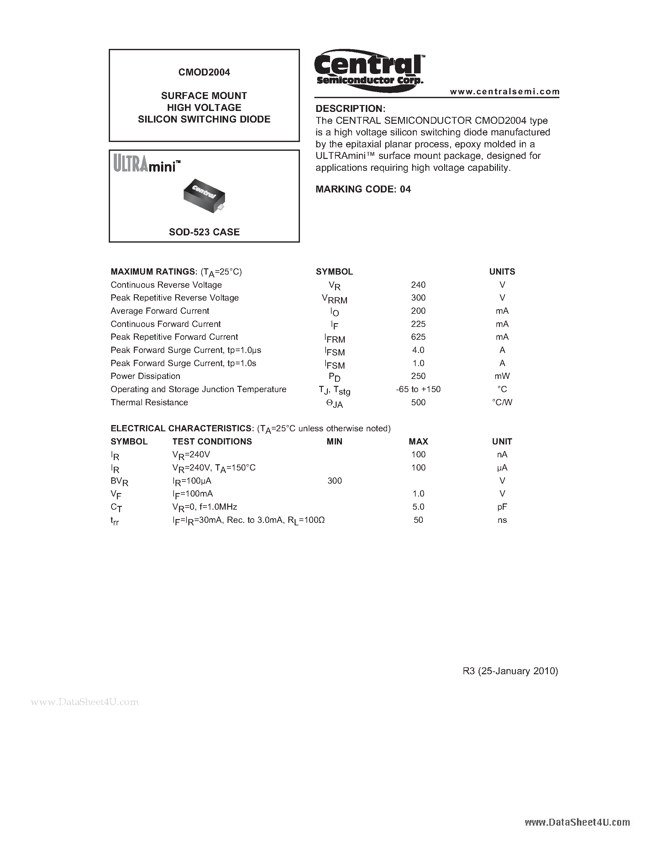 Даташит на микросхему CMOD2004 страница 1 Даташит CMOD2004 - SURFACE MOUNT HIGH VOLTAGE SILICON SWITCHING DIODE страница 1