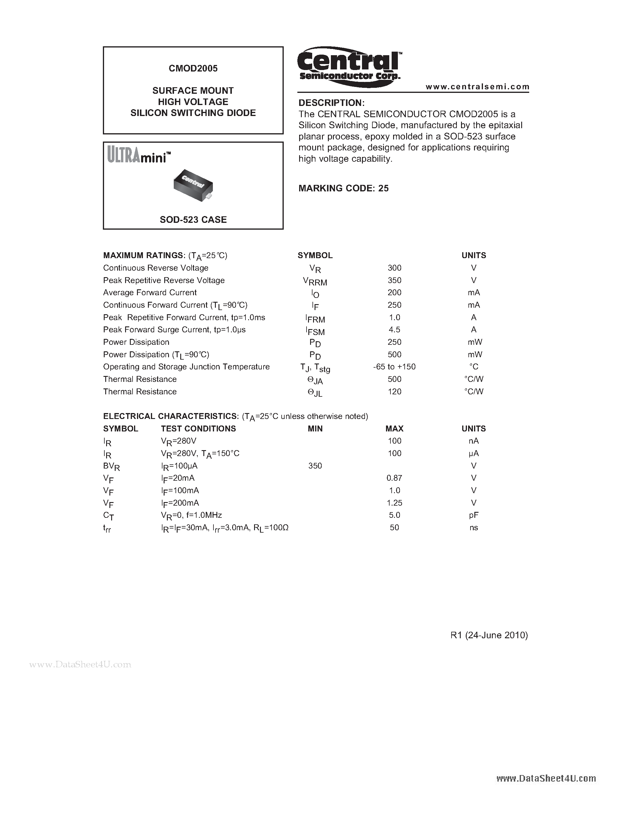 Даташит на микросхему CMOD2005 страница 1 Даташит CMOD2005 - SURFACE MOUNT HIGH VOLTAGE SILICON SWITCHING DIODE страница 1