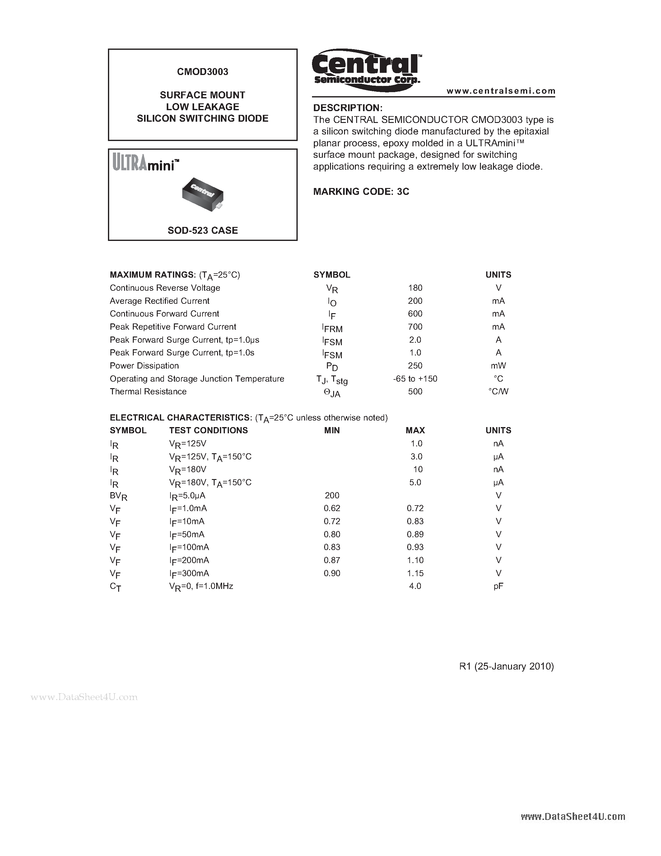 Даташит CMOD3003 - SURFACE MOUNT LOW LEAKAGE SILICON SWITCHING DIODE страница 1
