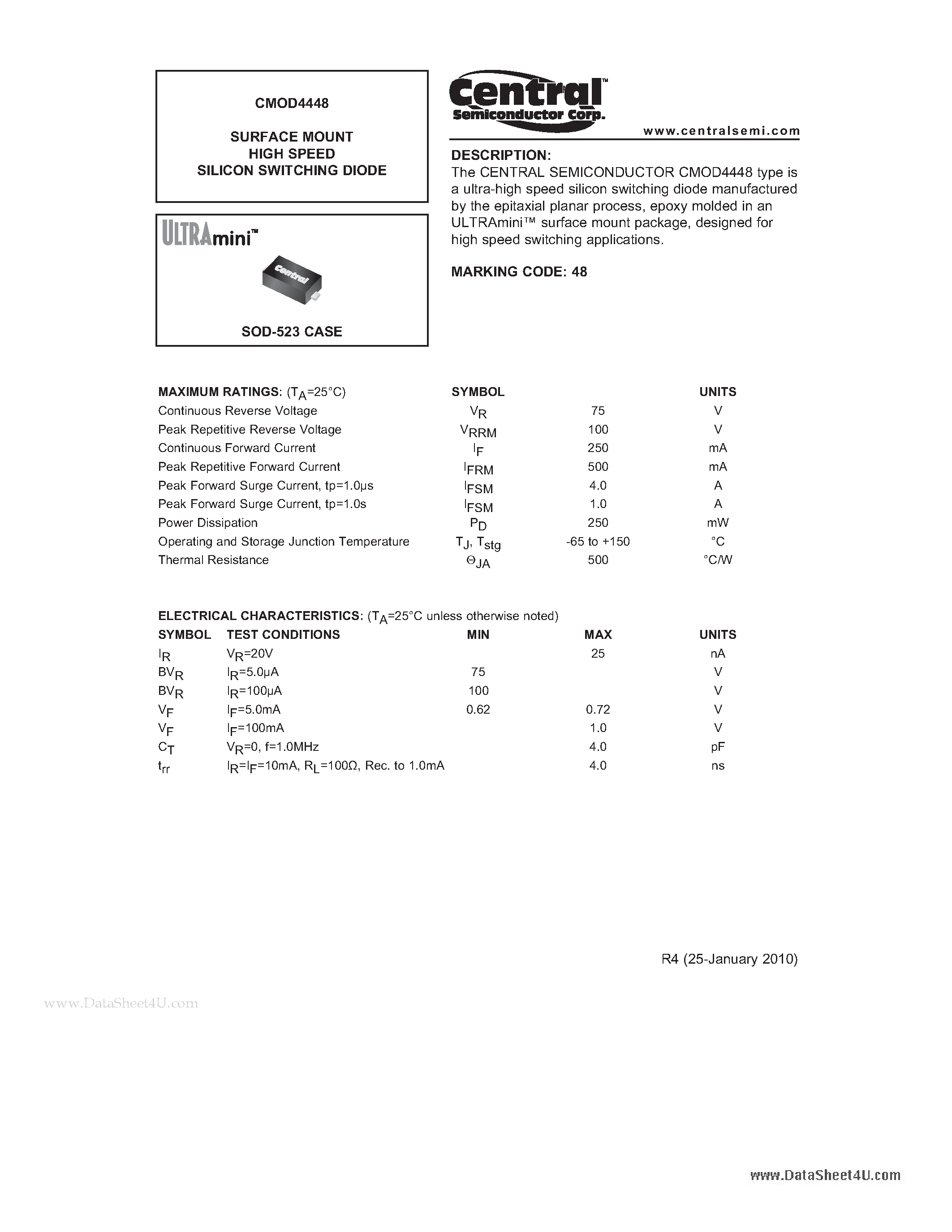 Даташит на микросхему CMOD4448 страница 1 Даташит CMOD4448 - SURFACE MOUNT HIGH SPEED SILICON SWITCHING DIODE страница 1