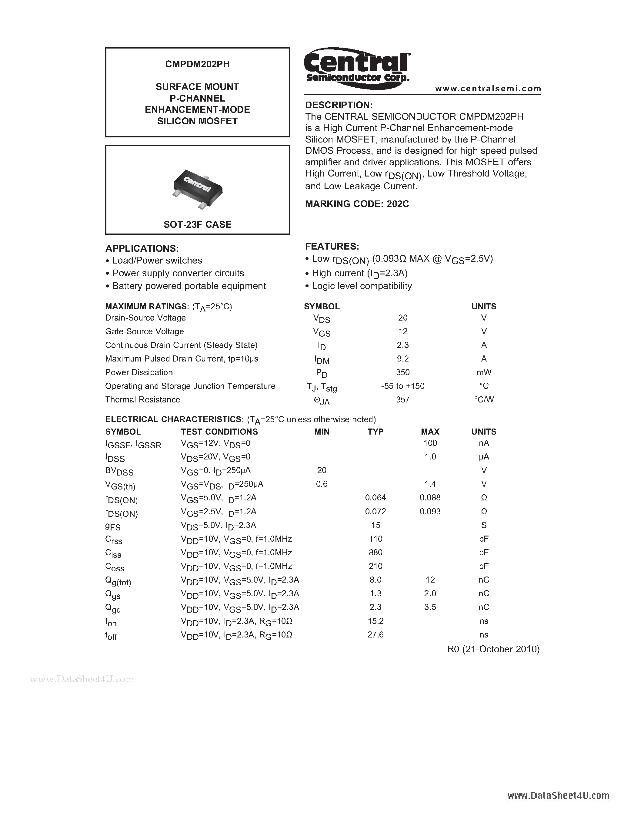 Даташит CMPDM202PH - SURFACE MOUNT P-CHANNEL ENHANCEMENT-MODE SILICON MOSFET страница 1