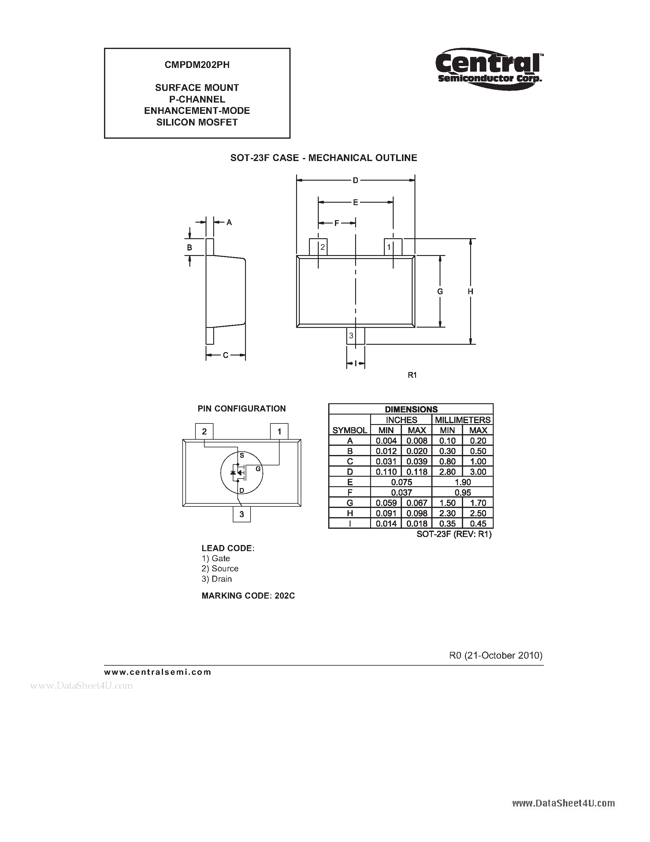 Даташит CMPDM202PH - SURFACE MOUNT P-CHANNEL ENHANCEMENT-MODE SILICON MOSFET страница 2