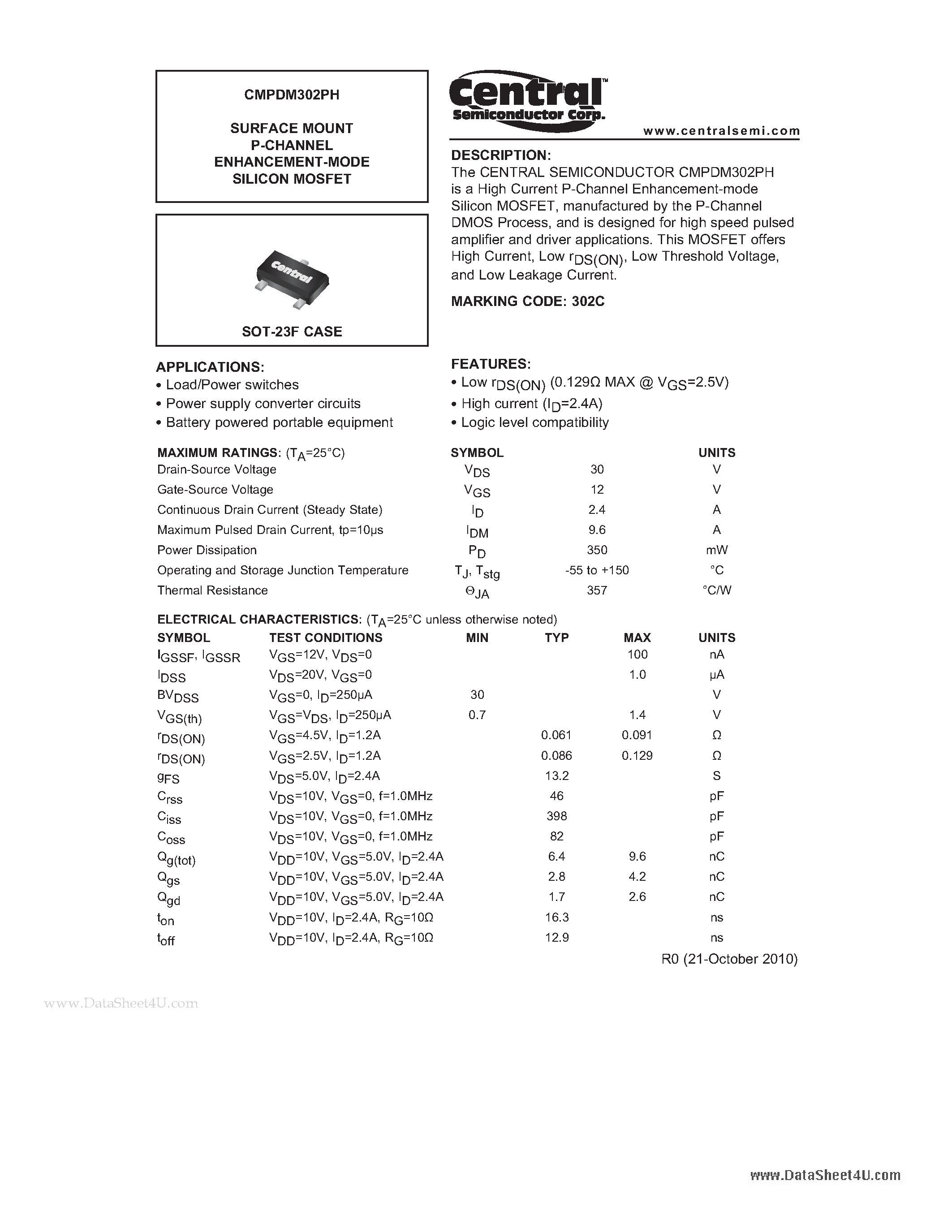 Даташит CMPDM302PH - SURFACE MOUNT P-CHANNEL ENHANCEMENT-MODE SILICON MOSFET страница 1