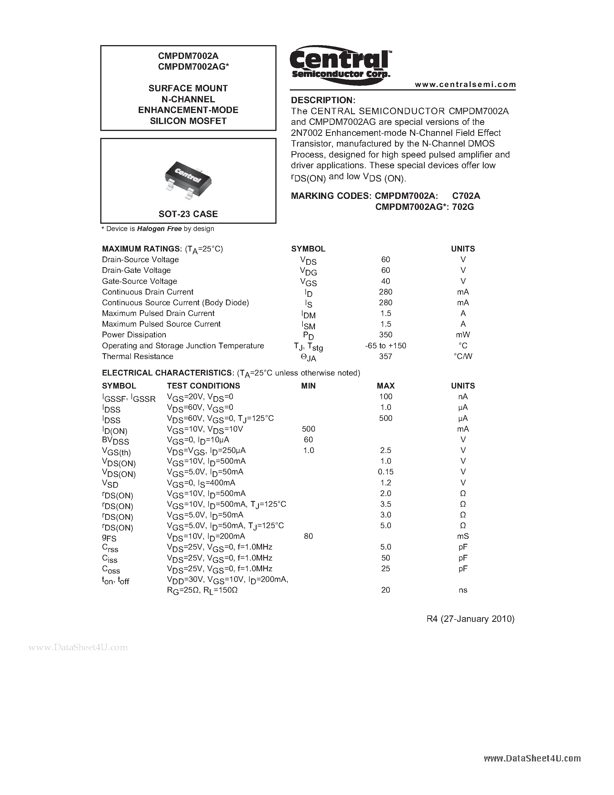 Datasheet CMPDM7002A - SURFACE MOUNT N-CHANNEL ENHANCEMENT-MODE SILICON MOSFET page 1