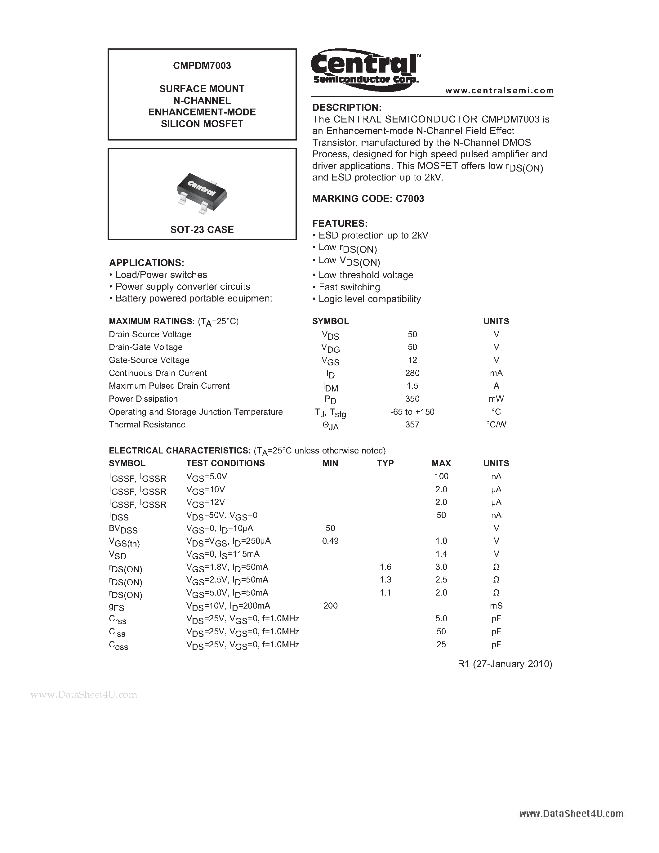 Datasheet CMPDM7003 - SURFACE MOUNT N-CHANNEL ENHANCEMENT-MODE SILICON MOSFET page 1