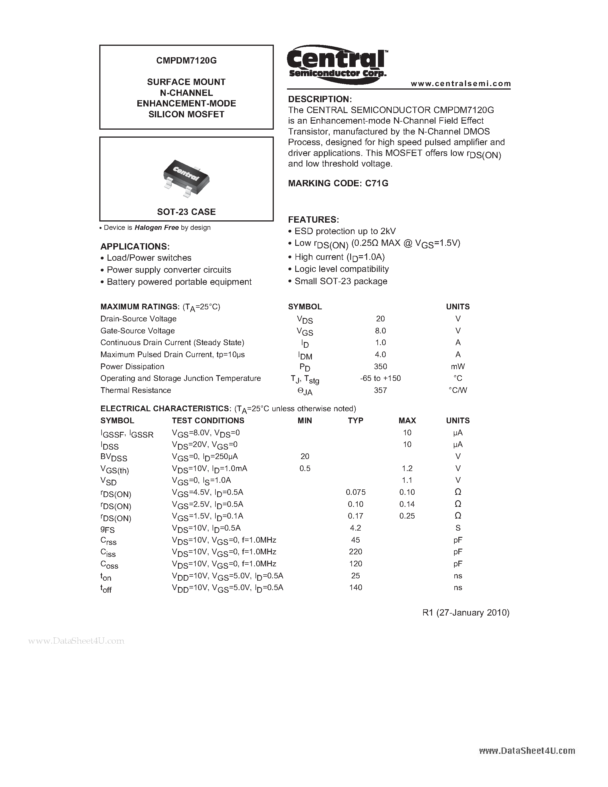 Datasheet CMPDM7120G - SURFACE MOUNT N-CHANNEL ENHANCEMENT-MODE SILICON MOSFET page 1
